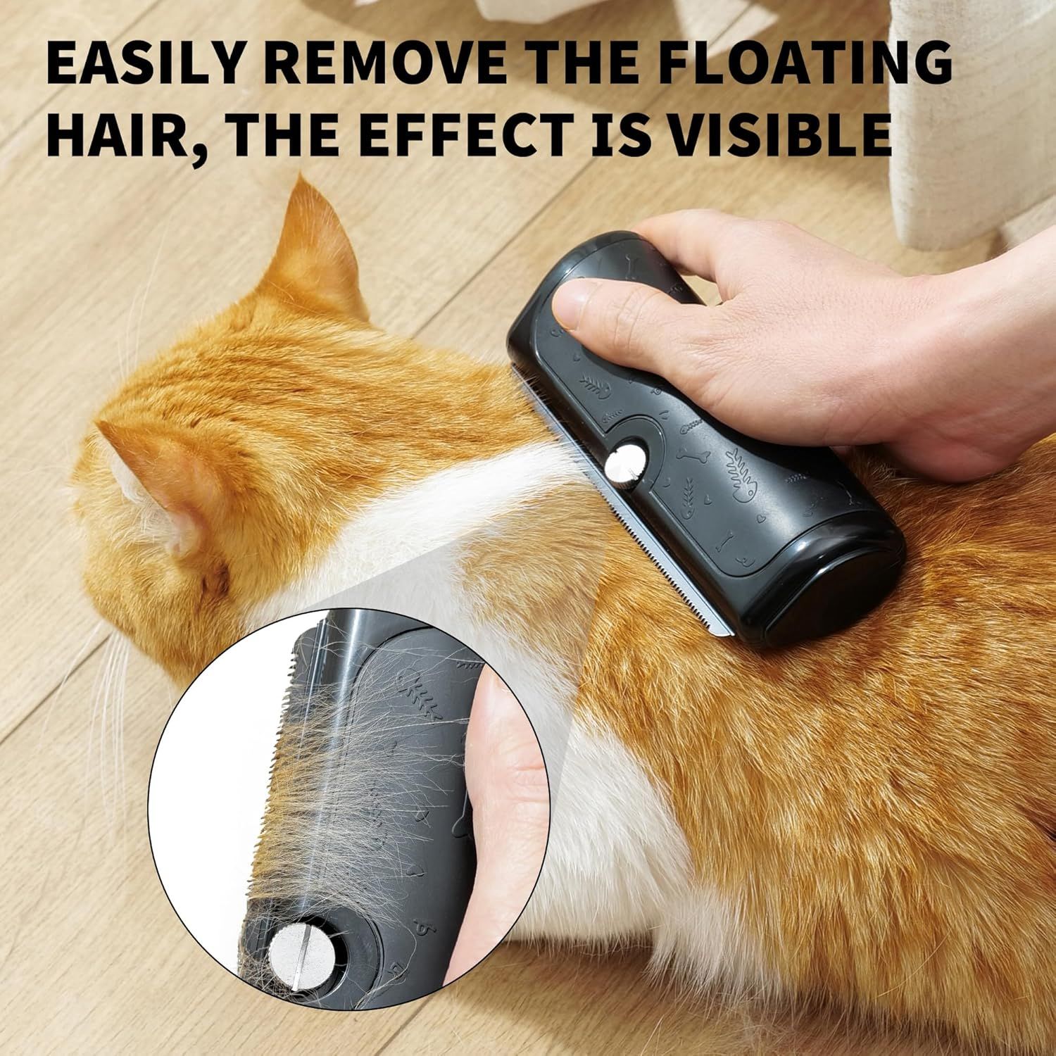 Demonstrates the visible transformation and effectiveness of the pet grooming tool by showing the before and after results of removing floating hair from a cat. Highlights the product's ability to…