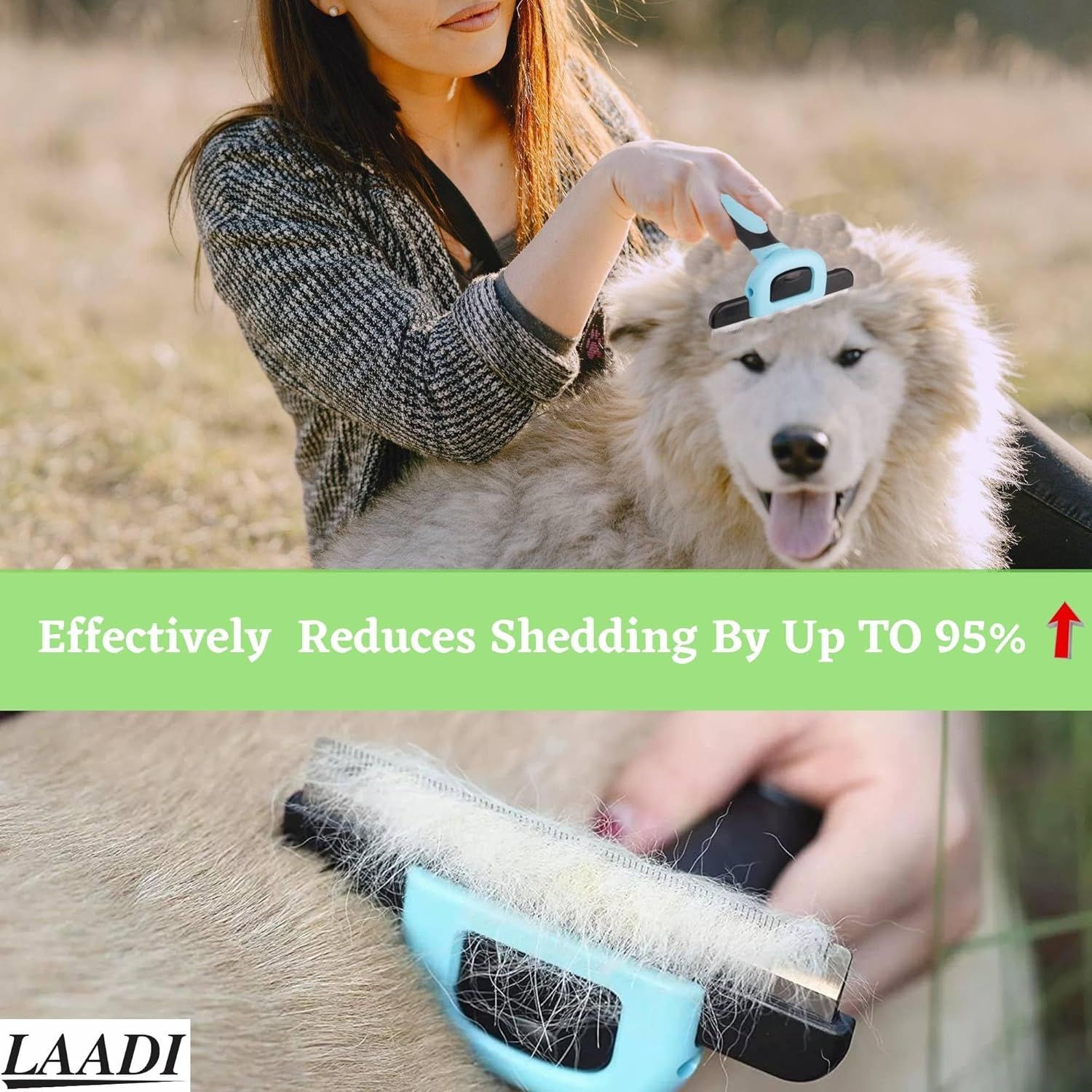 Communicates the product's effectiveness by highlighting a bold quantifiable performance claim (up to 95% shedding reduction) to convince shoppers of the grooming tool's superior results.…