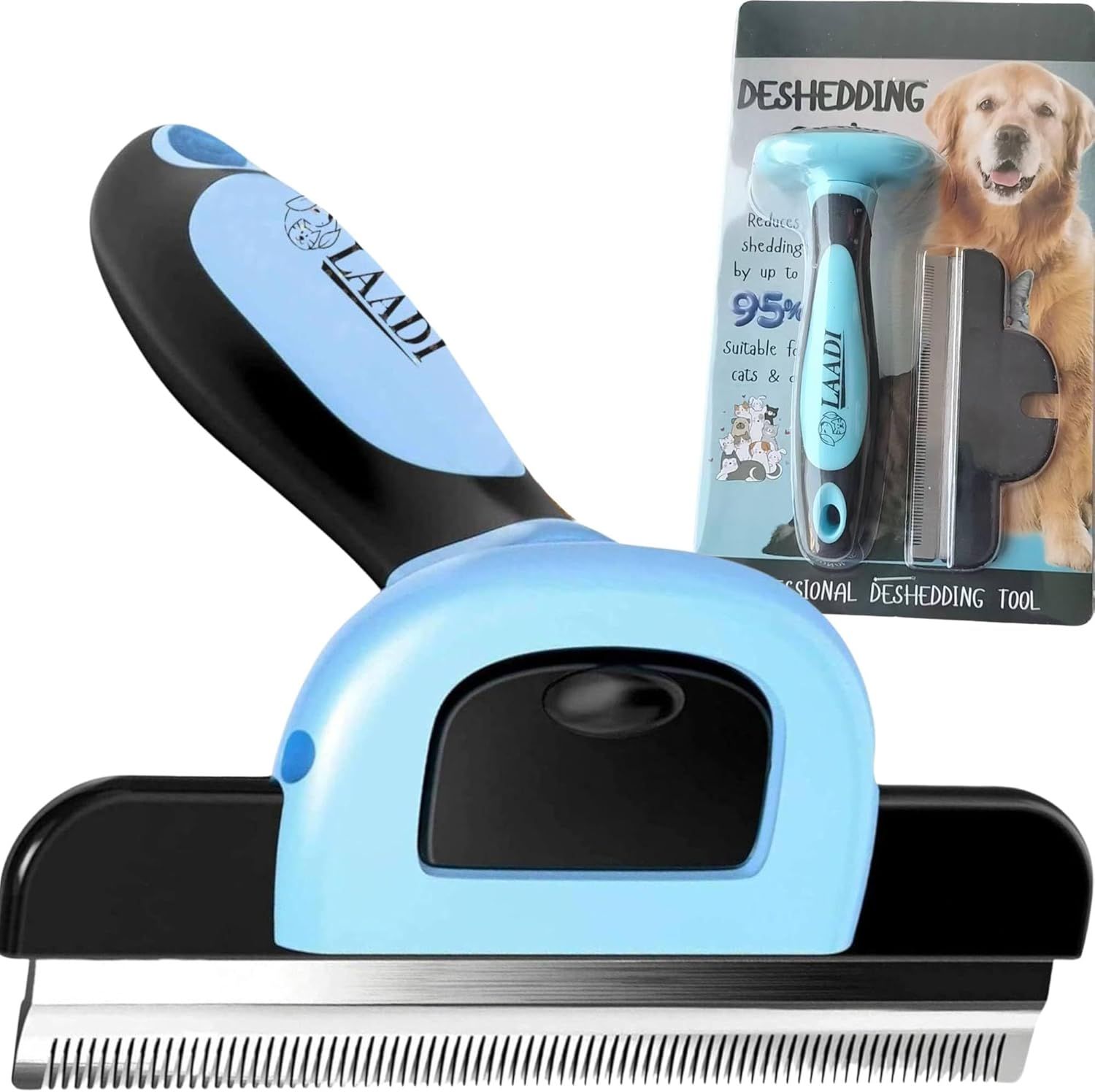 Communicates the product's effectiveness by highlighting a bold quantifiable claim that it reduces pet shedding by up to 95%, reassuring shoppers of its performance. Shows everything included in the…