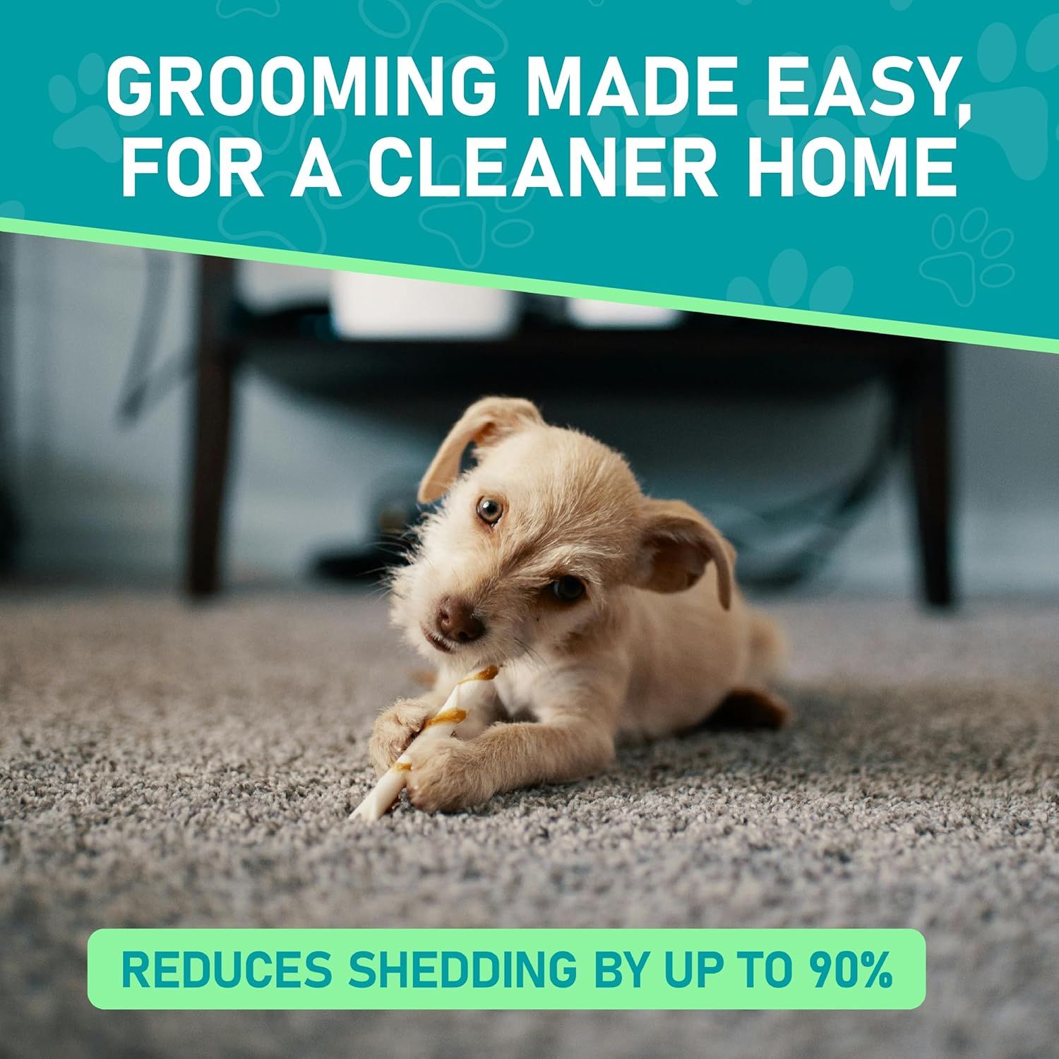 Communicates a quantifiable performance claim to reassure shoppers that the grooming product significantly reduces pet shedding, keeping the home cleaner. Highlights the ease of grooming and the…