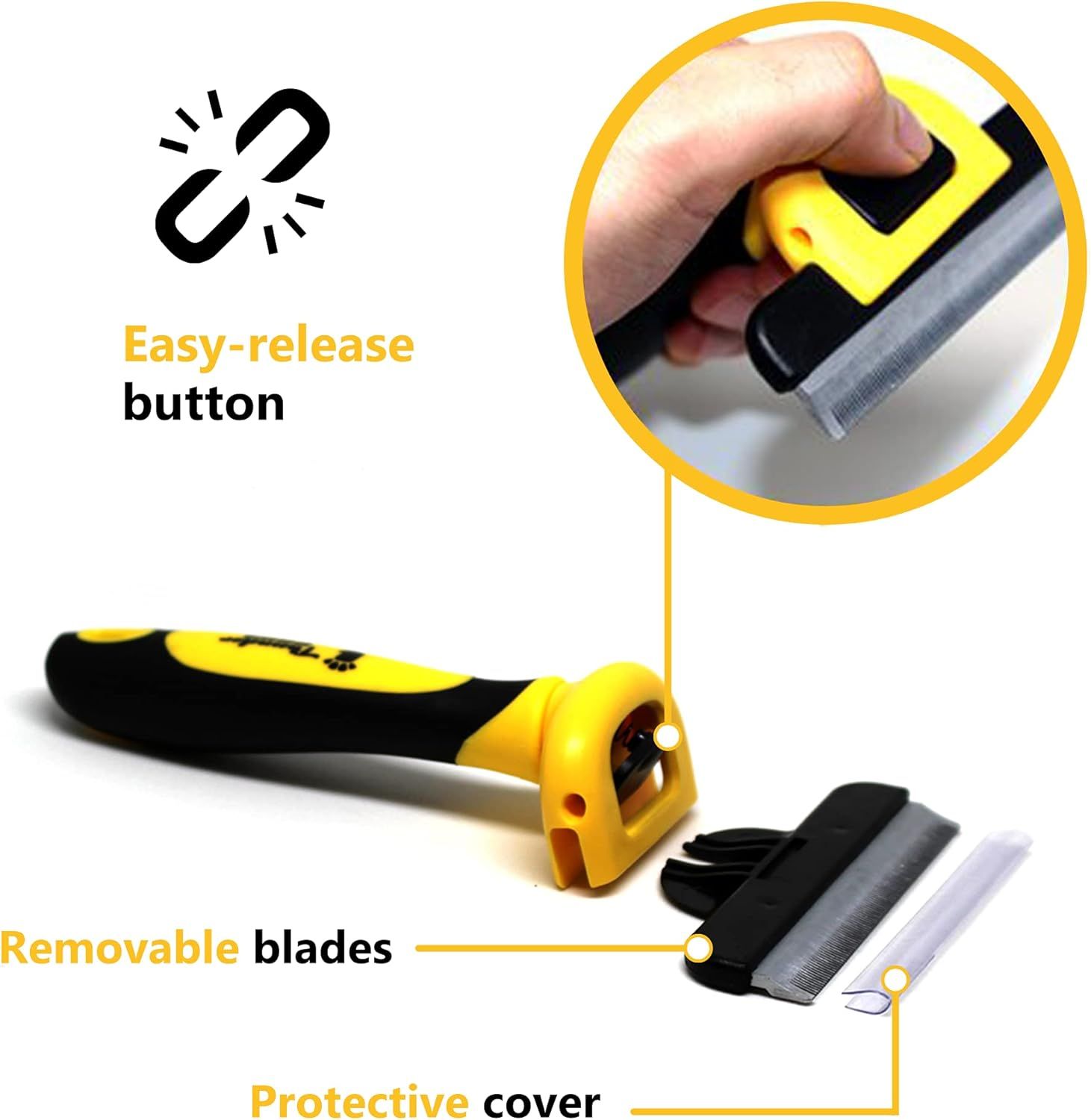 Highlights the key physical components and design features of the product, showing how the easy-release button works, the removable blade system, and the protective cover to help shoppers understand…