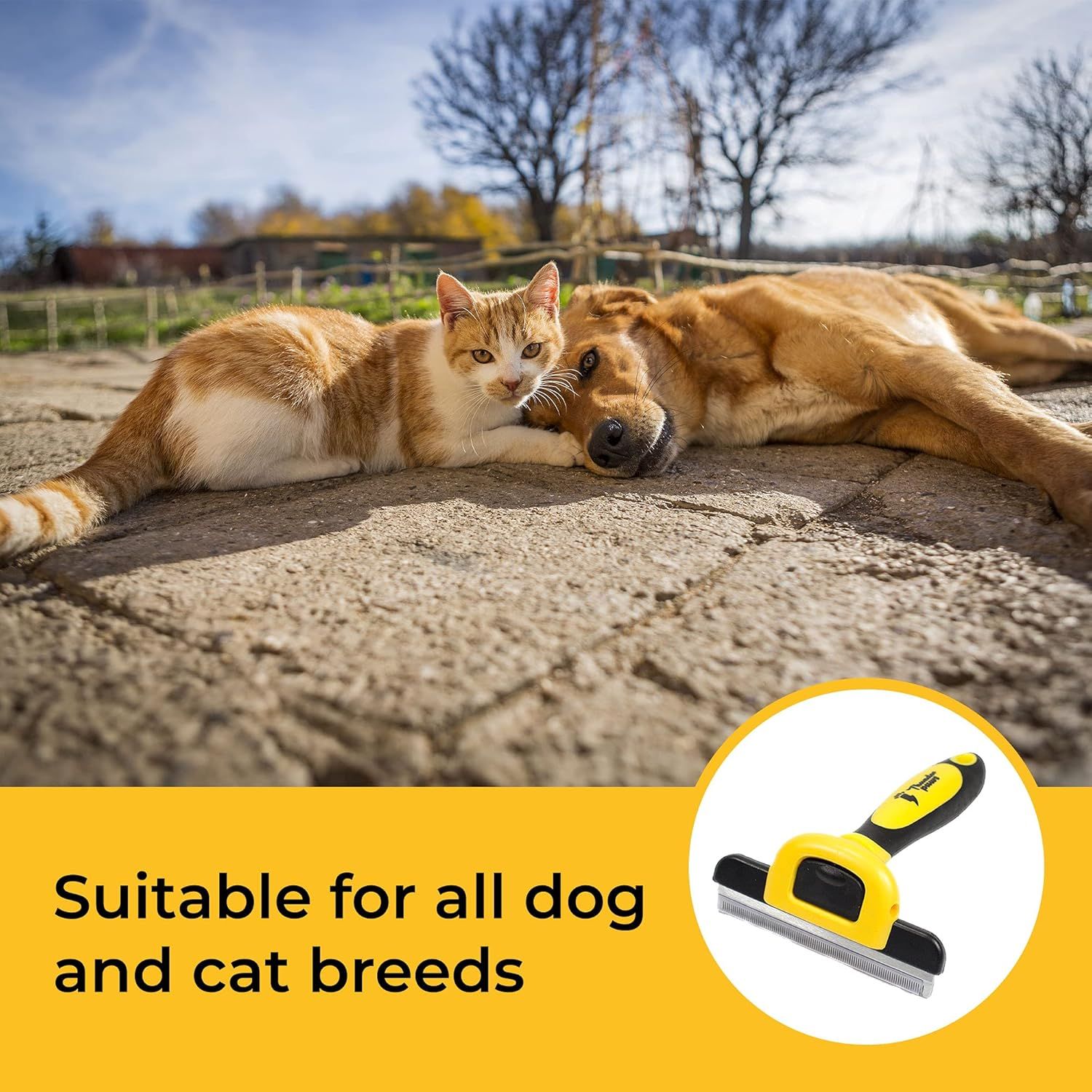 Communicates that the grooming tool works for both dogs and cats of all breeds, emphasizing versatility and broad applicability to reassure pet owners.