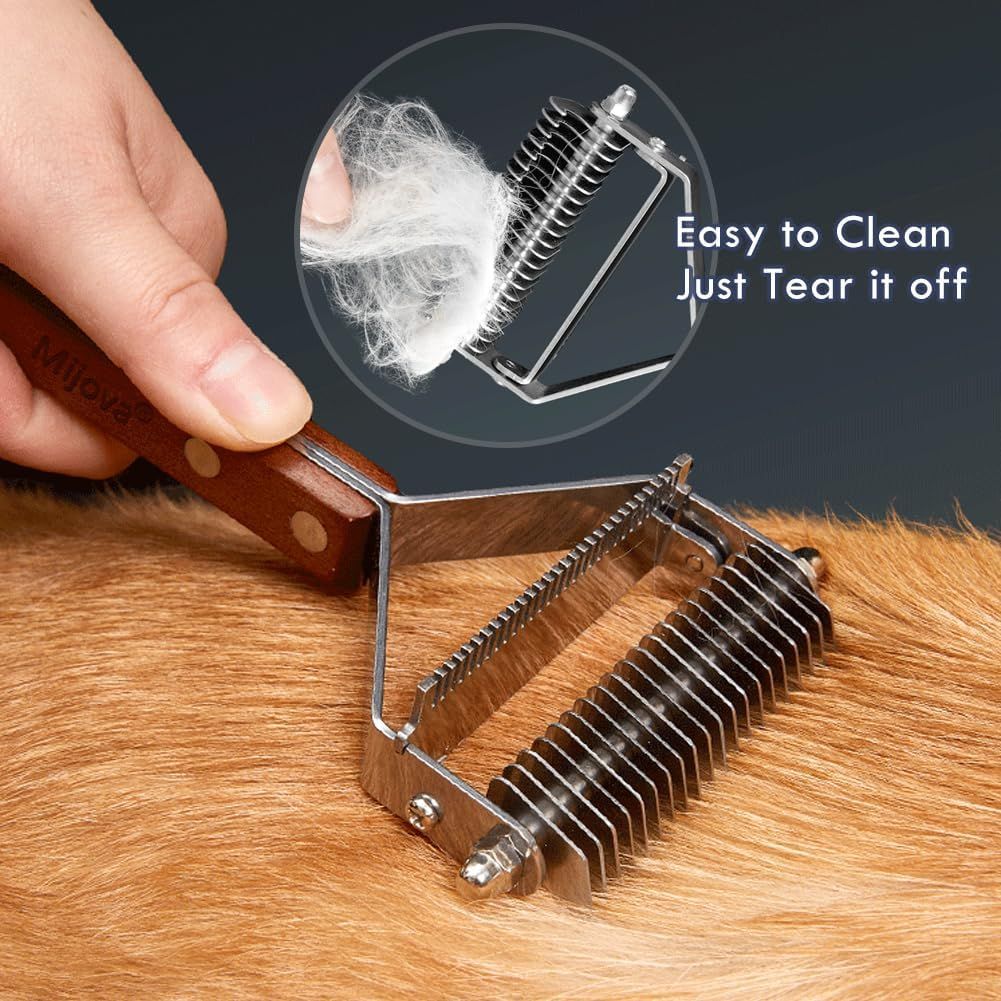 Demonstrates that the pet grooming tool is easy to maintain by showing how collected fur can be simply torn off the blade, reducing hassle for pet owners.