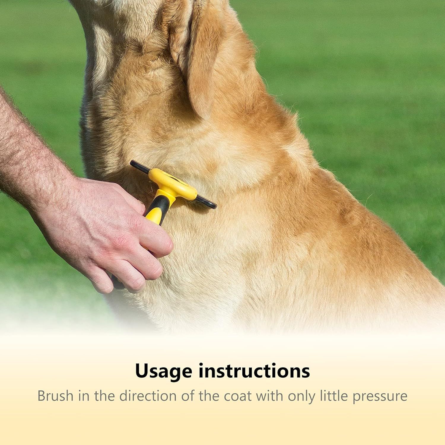 Demonstrates the correct way to use the grooming tool by showing the brushing direction and pressure needed for effective pet grooming. Reassures shoppers that the product is simple to use correctly…