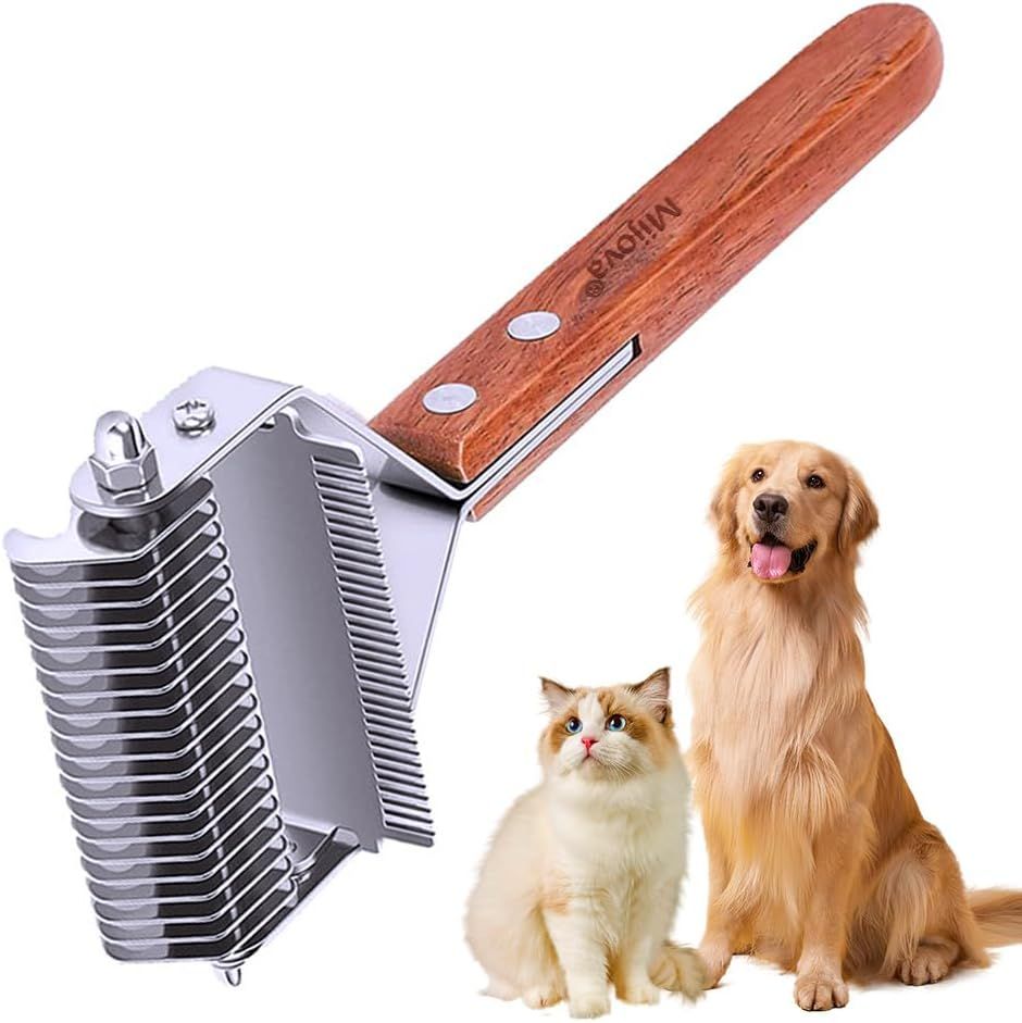 Shows the pet grooming tool alongside the target animals (cat and dog) to help shoppers immediately understand what the product is for and which pets it works with.