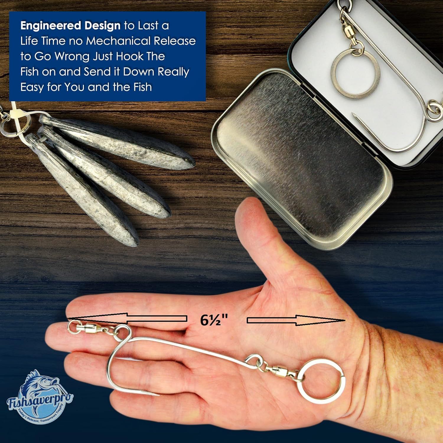 Shows the physical size of the fishing release mechanism using a hand for scale and dimensional measurement to help shoppers understand how compact and portable the product is. Communicates the…