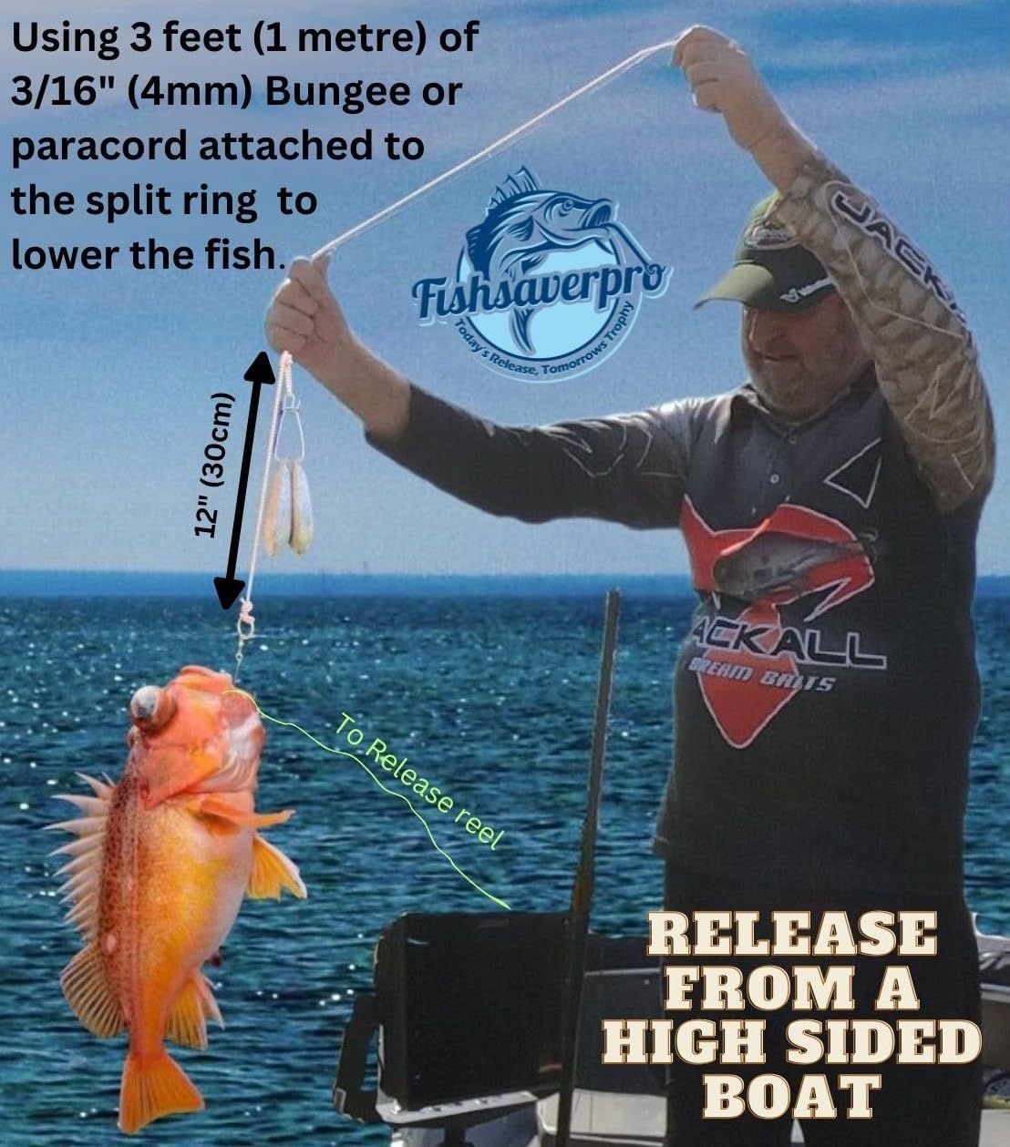 Demonstrates the proper technique for safely releasing a caught fish from a high-sided boat using a bungee cord system to lower the fish into the water. Highlights the product's ability to enable…