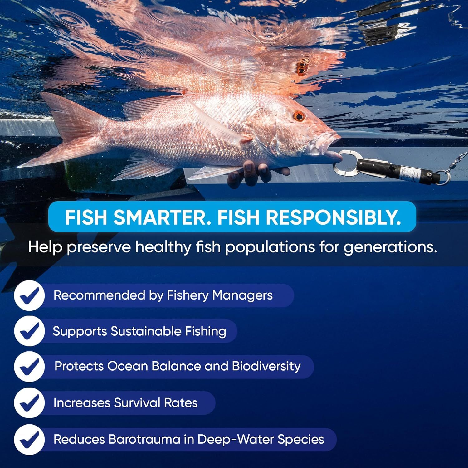 Communicates multiple environmental and conservation benefits of the fishing product through a visually segmented checklist layout, emphasizing responsible fishing practices and ecological impact.