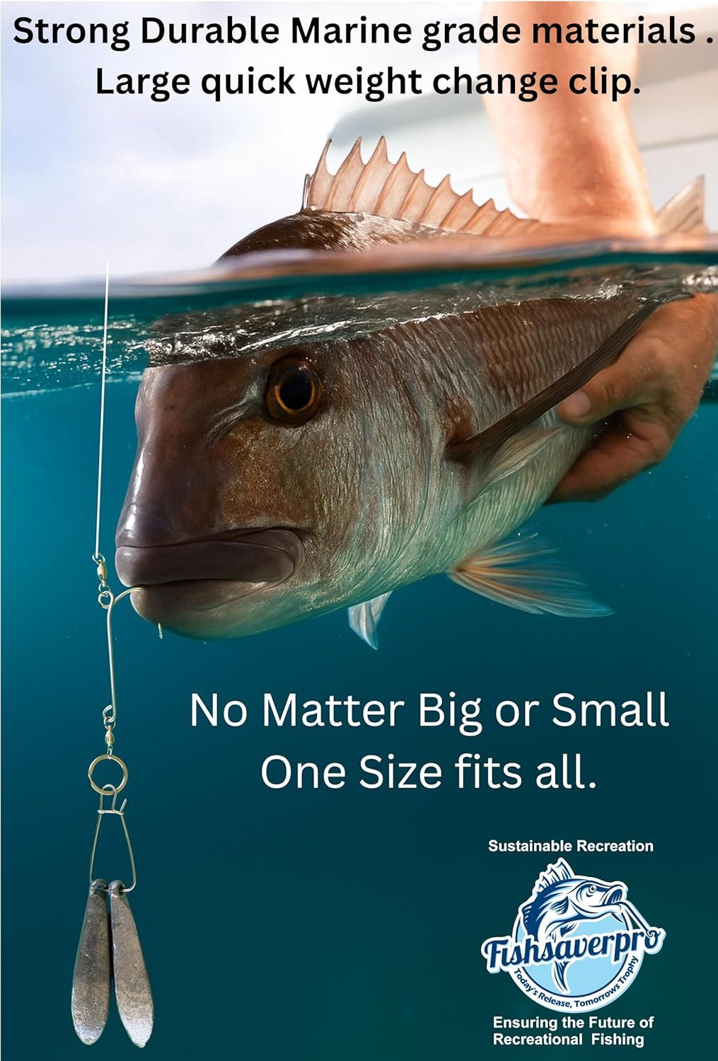 Communicates multiple key benefits of the fishing product: durable marine-grade materials, convenient quick-change weight clip, and versatile one-size-fits-all design to appeal to anglers of all…
