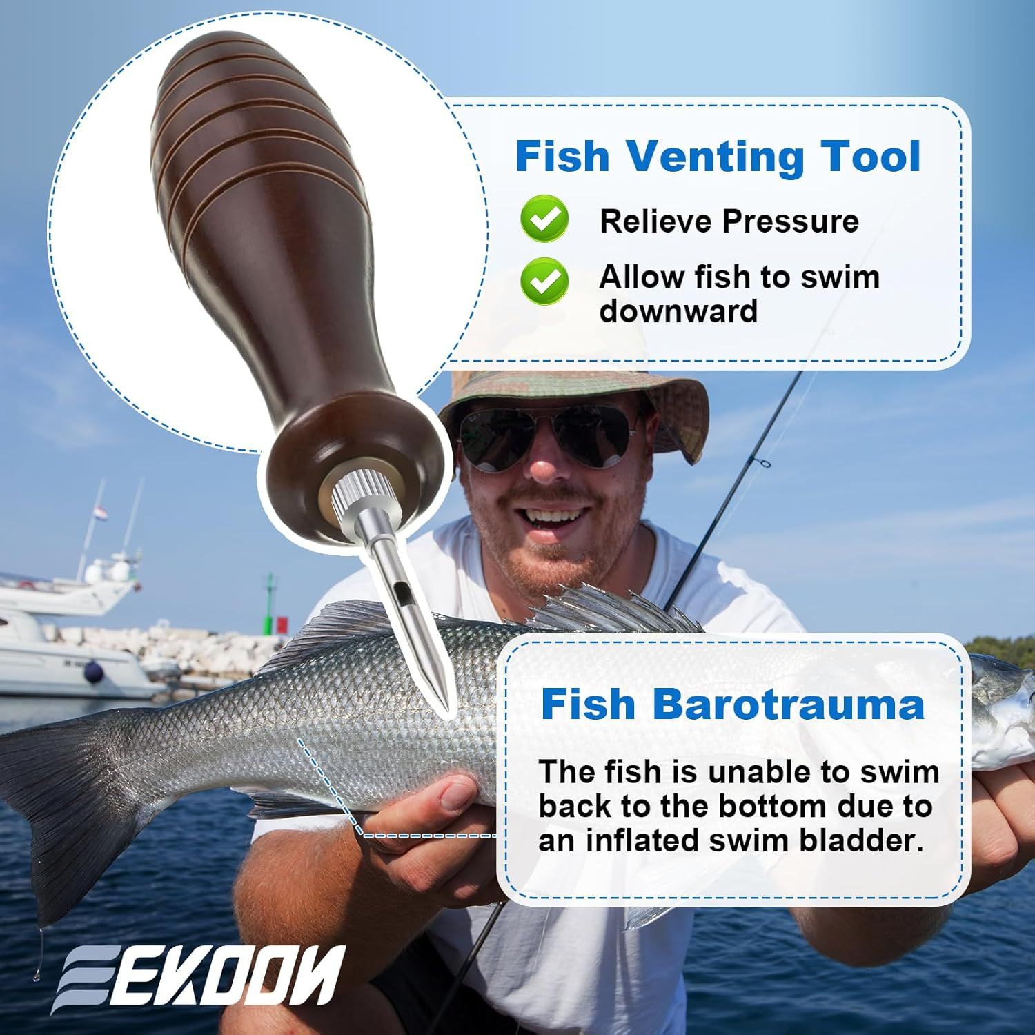 Educates the shopper on how to use the fish venting tool to relieve pressure and treat barotrauma, demonstrating the product's application and benefit for catch-and-release fishing. Highlights the…