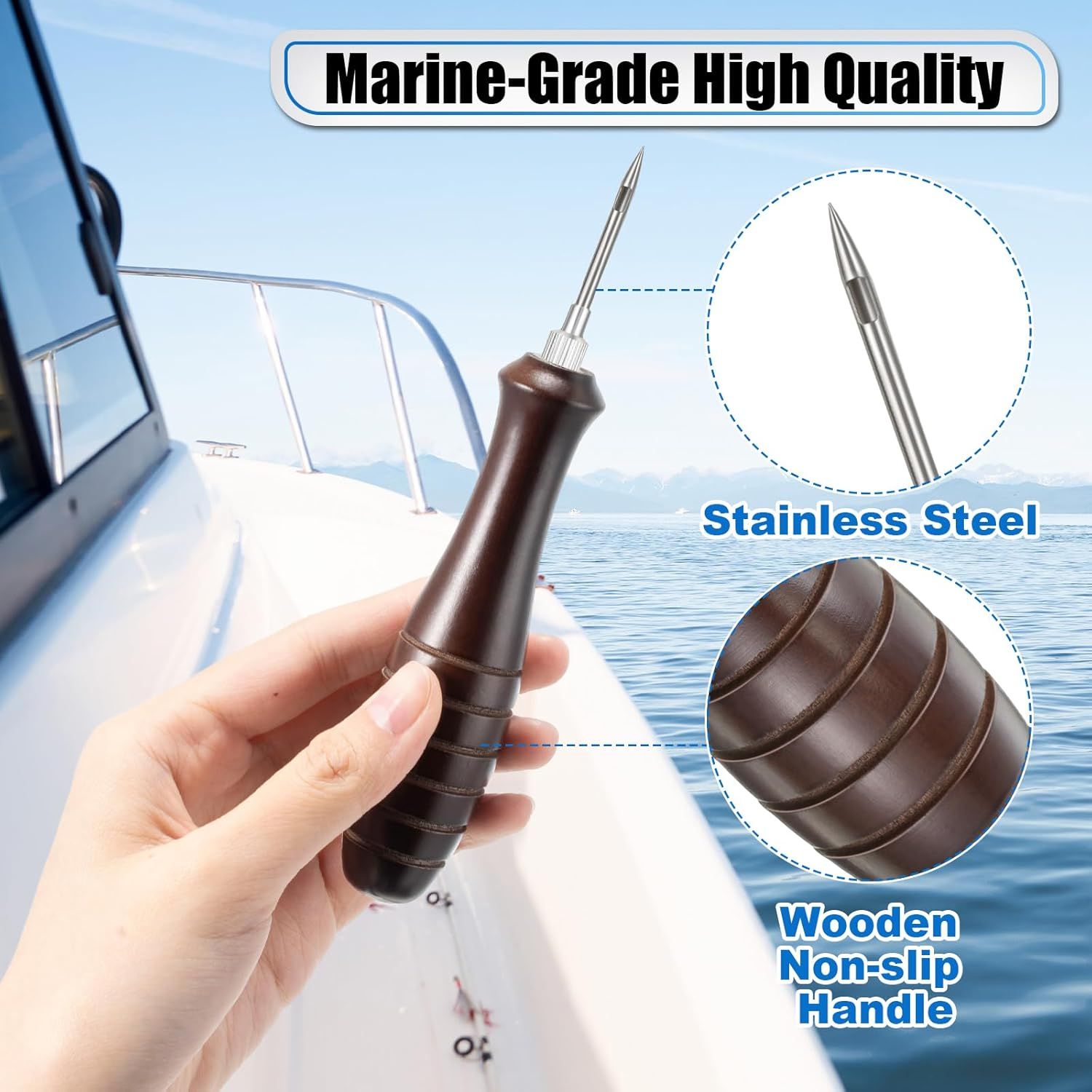 Highlights the physical components and materials of the marine tool, emphasizing the stainless steel construction and ergonomic wooden handle to communicate durability and quality for marine use.