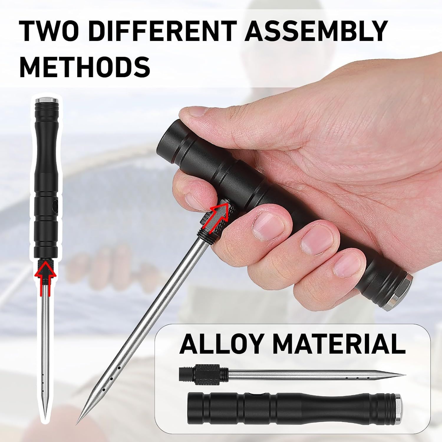 Demonstrates the product's versatility with two different assembly options and highlights the durable alloy material construction to reassure shoppers of quality and flexibility.