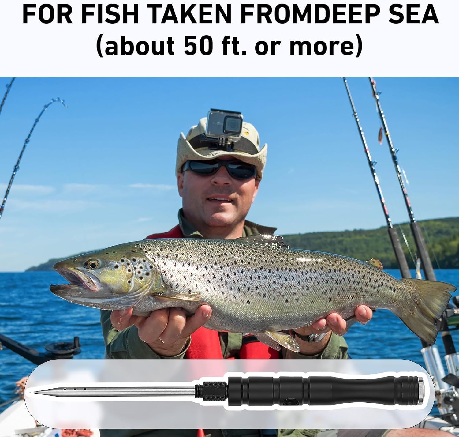 Demonstrates the product's effectiveness for deep sea fishing (50 ft. or more) by showing a real-world use case with a successful catch, reassuring shoppers that the tool is suitable for this…