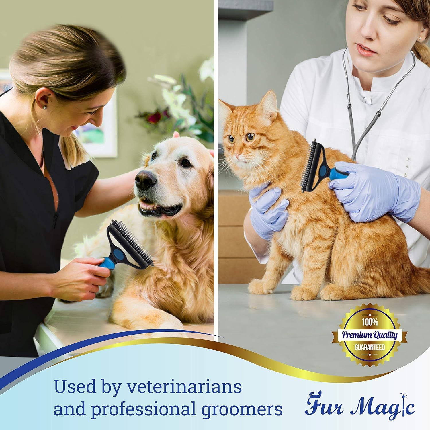 Demonstrates the product's versatility by showing it being used on both dogs and cats in professional settings, reassuring shoppers that it works across multiple pet types and is trusted by…