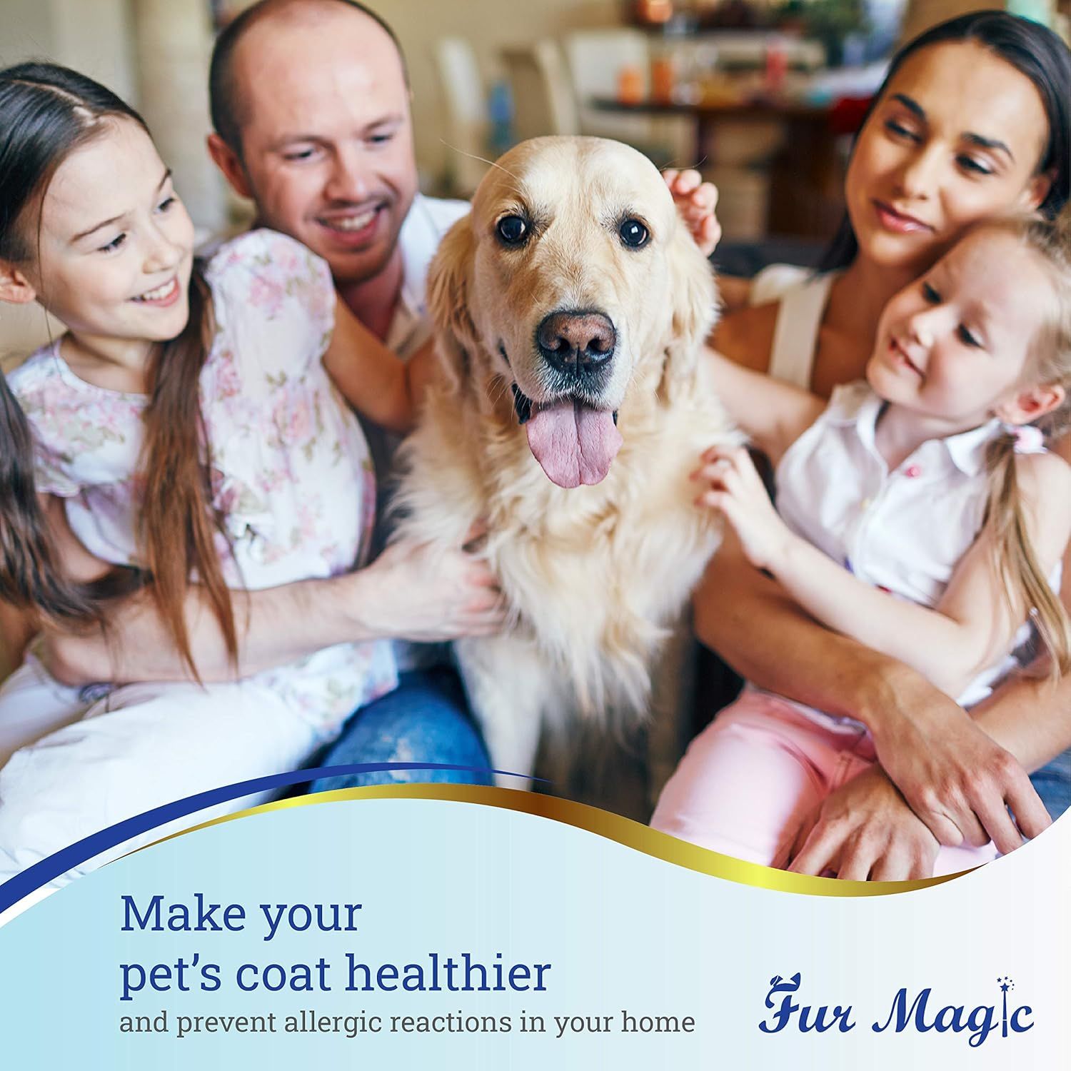 Communicates that the product makes pets' coats healthier and helps prevent allergic reactions in the home, reassuring pet owners about family health and pet wellness.