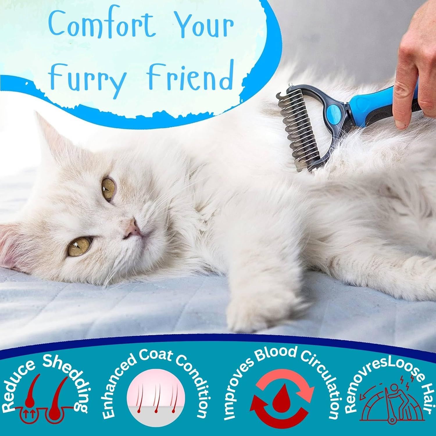 Communicates multiple benefits of the pet grooming tool through a segmented bottom panel showing how it reduces shedding, enhances coat health, improves circulation, and removes loose hair to…