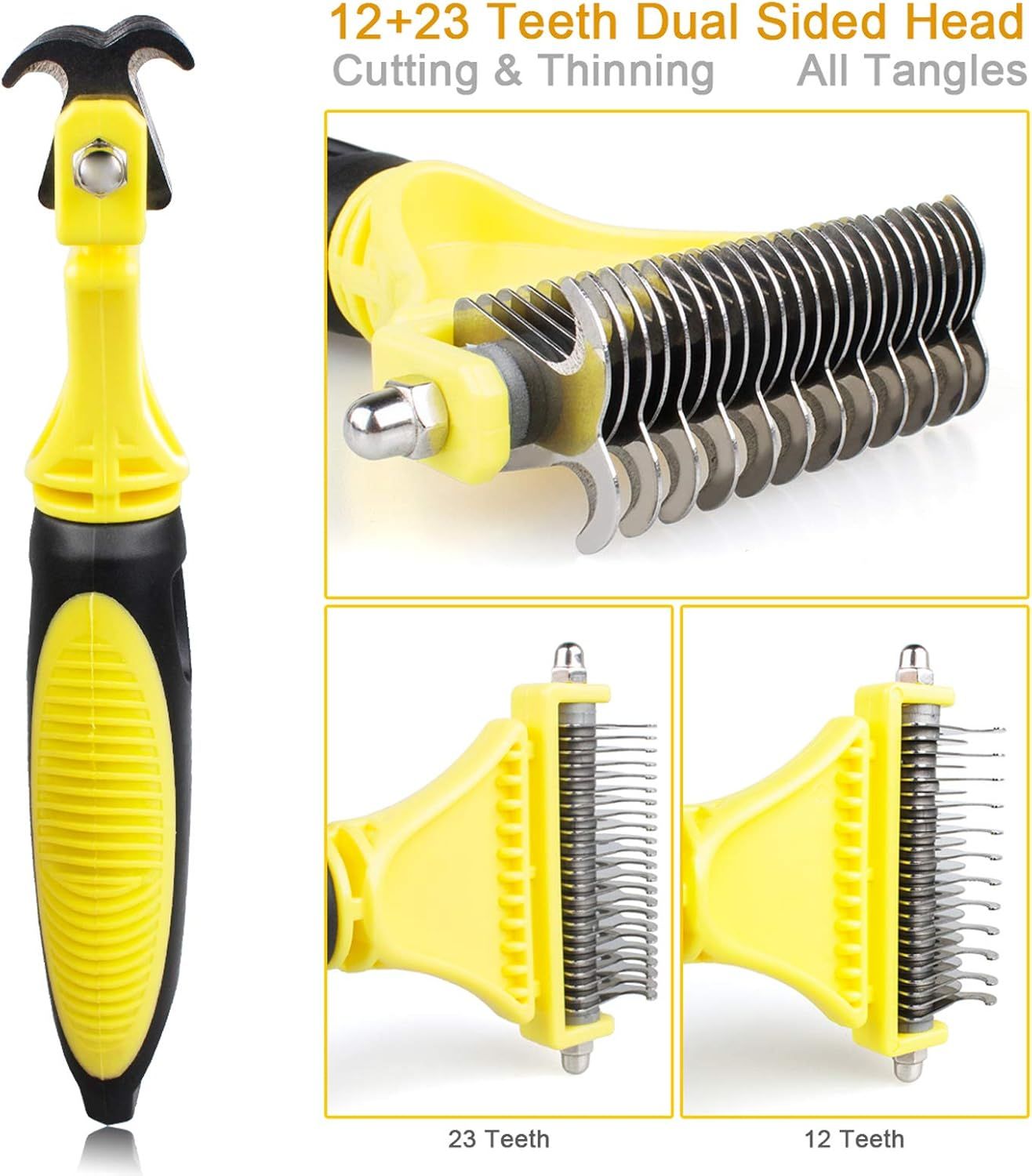 Breaks down the physical components of the grooming tool to show the dual-sided head design with different tooth counts for cutting and thinning, helping shoppers understand the product's structure…