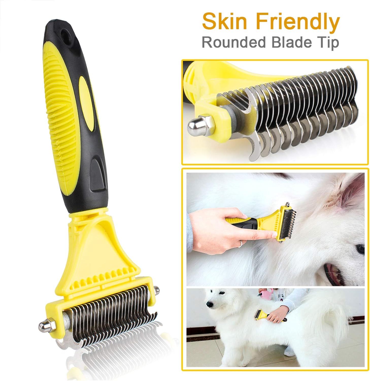 Highlights the product's rounded blade tip safety feature and demonstrates how to use the grooming tool on pets, reassuring shoppers that it's safe and gentle for their animals. Shows shoppers how…