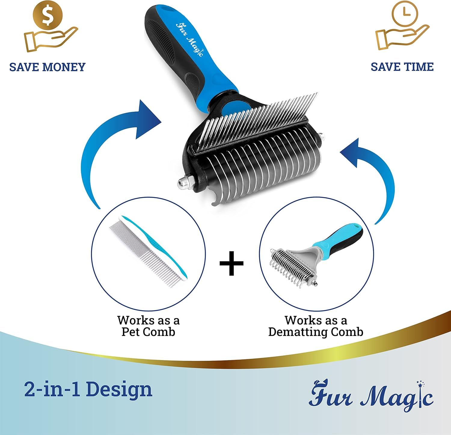 Communicates that this pet grooming tool offers multiple benefits by functioning as both a pet comb and a dematting comb, saving shoppers money and time with its versatile 2-in-1 design.