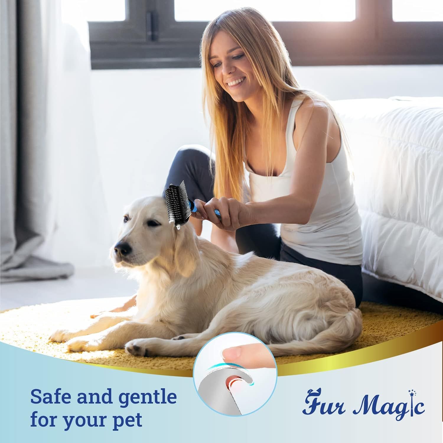Reassures pet owners that the grooming brush is designed to be safe and gentle on their pets, providing peace of mind during grooming.