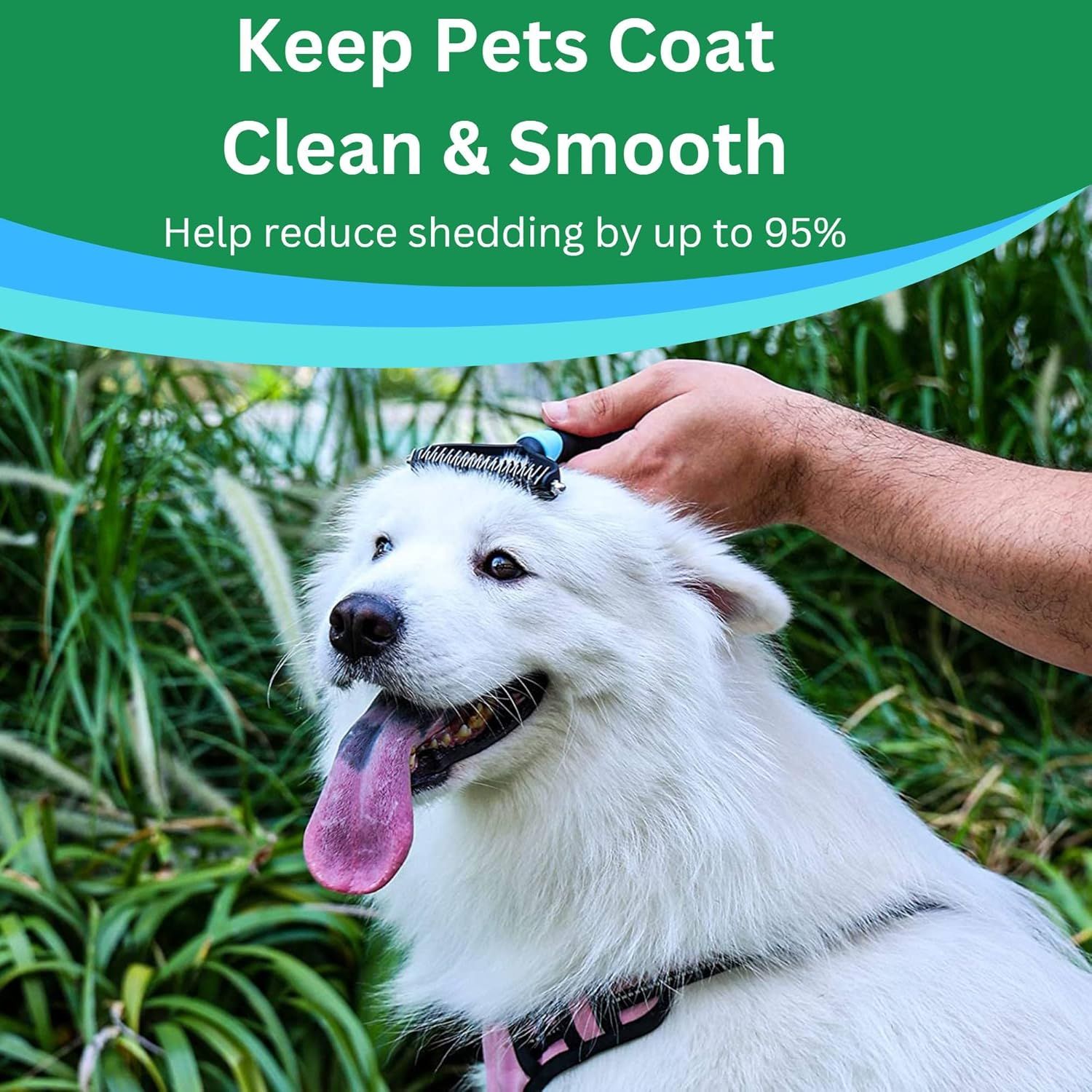 Communicates a quantifiable performance claim that the product reduces pet shedding by up to 95%, reassuring shoppers of its effectiveness. Highlights the primary benefit of keeping pets' coats…
