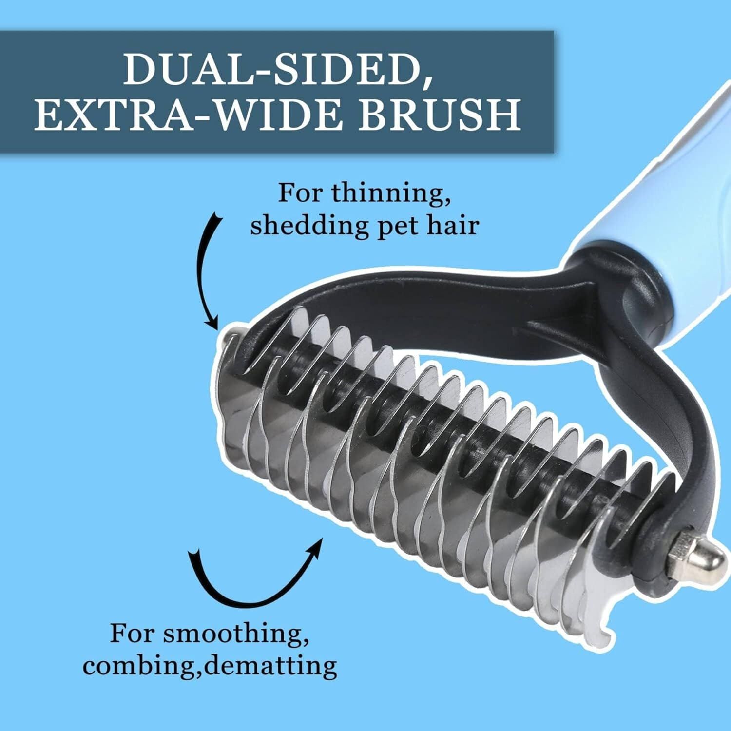 Highlights the physical structure of the dual-sided pet grooming brush, showing one side for thinning/shedding and the other for smoothing/combing/dematting to help shoppers understand the product's…