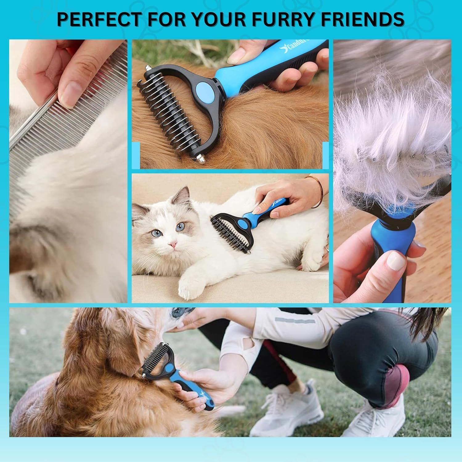 Demonstrates the versatility of the pet grooming tool by showing it being used in multiple real-world scenarios with different pets (dogs and cats) to reassure shoppers it works for various furry…