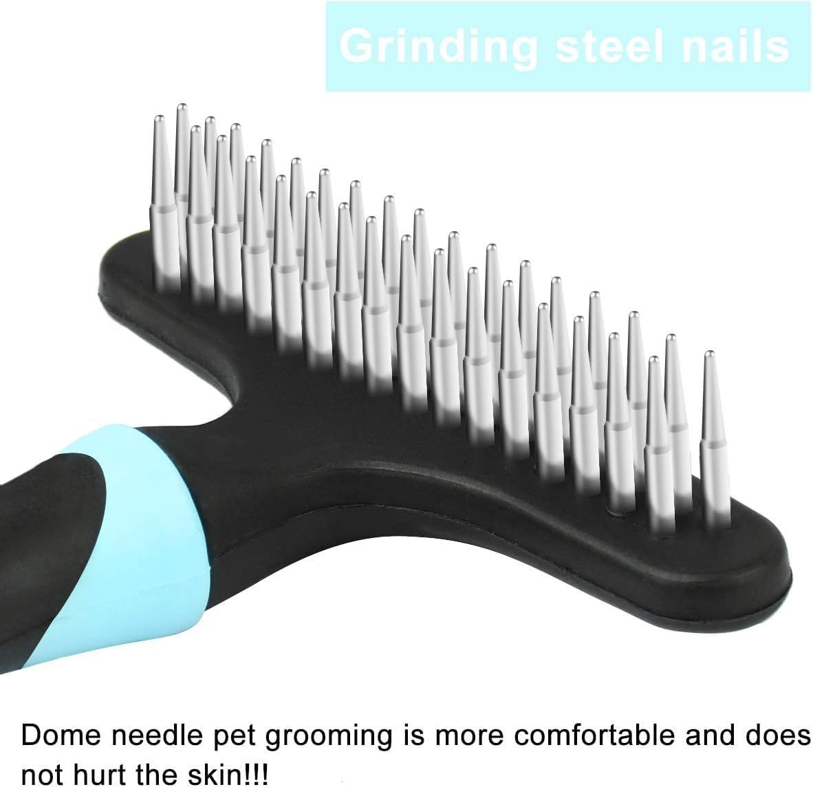 Highlights the physical construction of the grooming brush, specifically the steel nail bristles and dome needle design, to communicate the product's gentle yet effective grooming capability.…