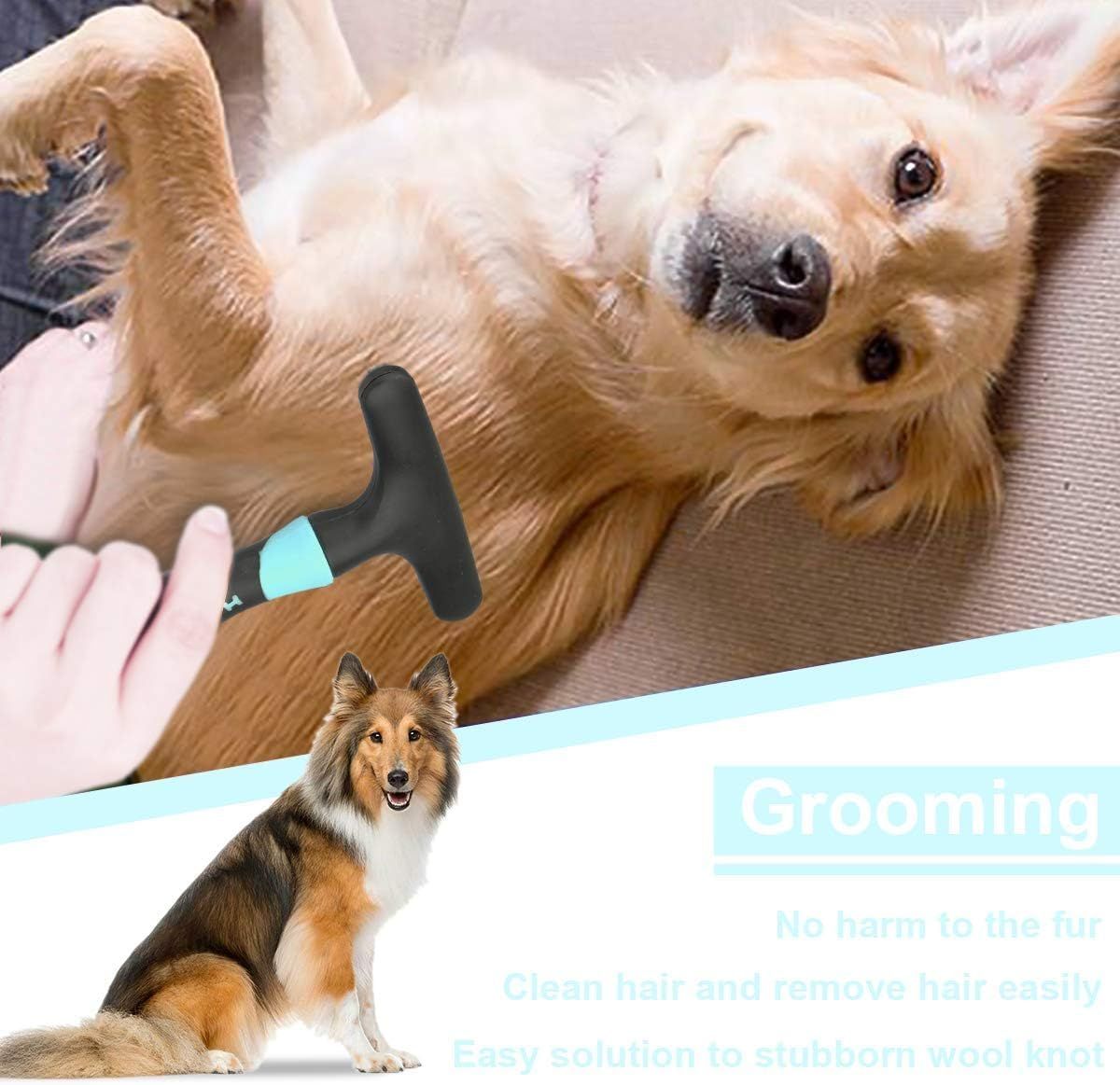 Communicates multiple benefits of the grooming tool, including gentle grooming, easy hair removal, and effectiveness on stubborn knots, reassuring pet owners of the product's versatility and safety.