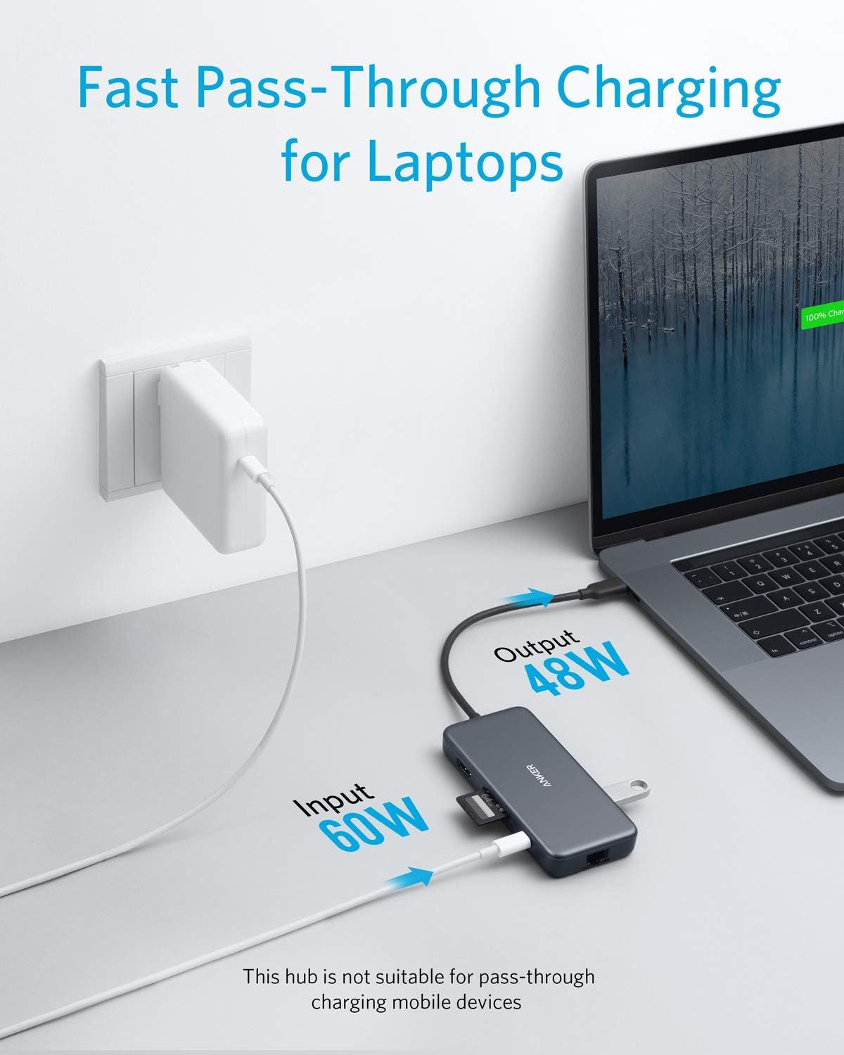 Communicates the product's fast pass-through charging capability with specific wattage metrics to reassure shoppers that it can efficiently power laptops while maintaining high performance.…