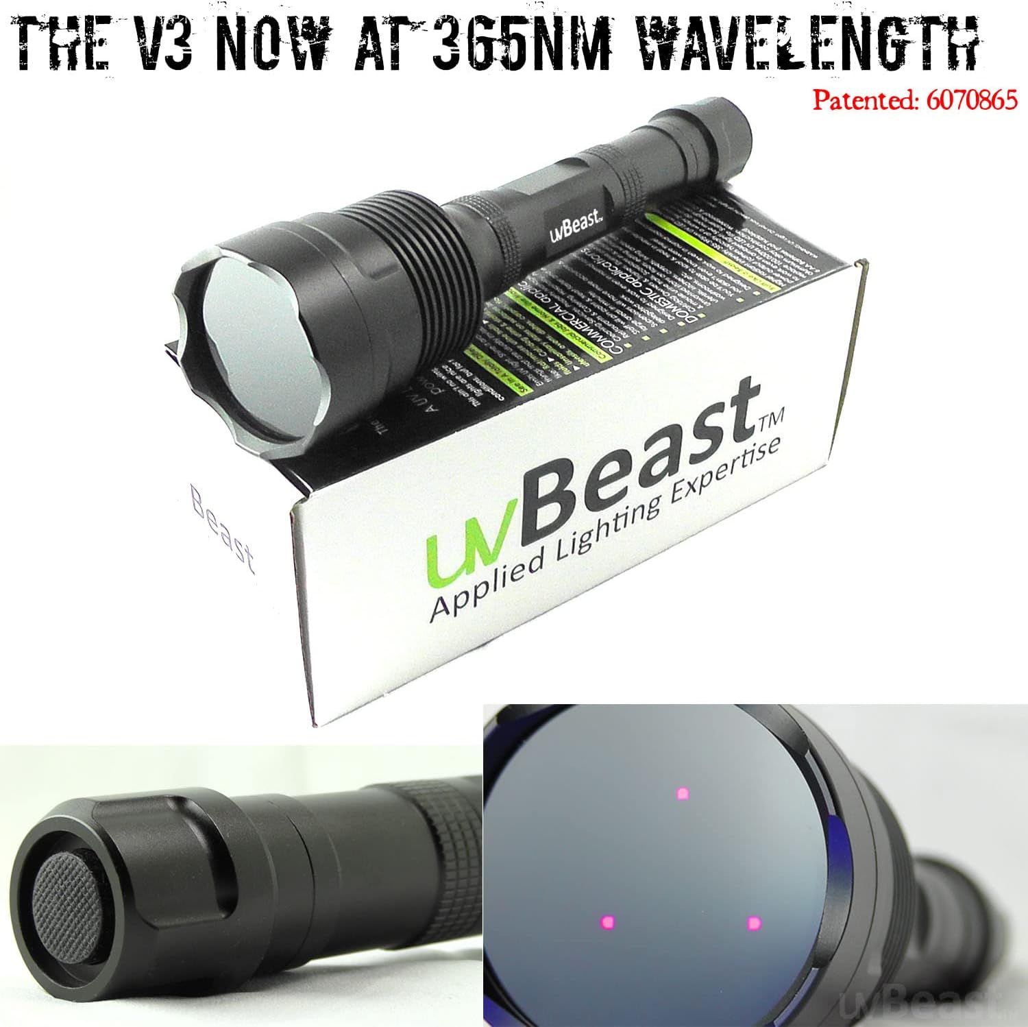 Shows the customer what they receive when purchasing: the uvBeast flashlight and its branded packaging box, building confidence in the complete purchase. Highlights the technical specification of…