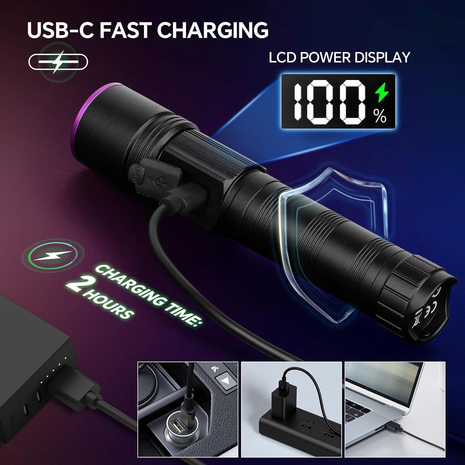 Communicates multiple key benefits of the flashlight including fast charging capability, battery level monitoring, and quick recharge time to demonstrate convenience and modern features.