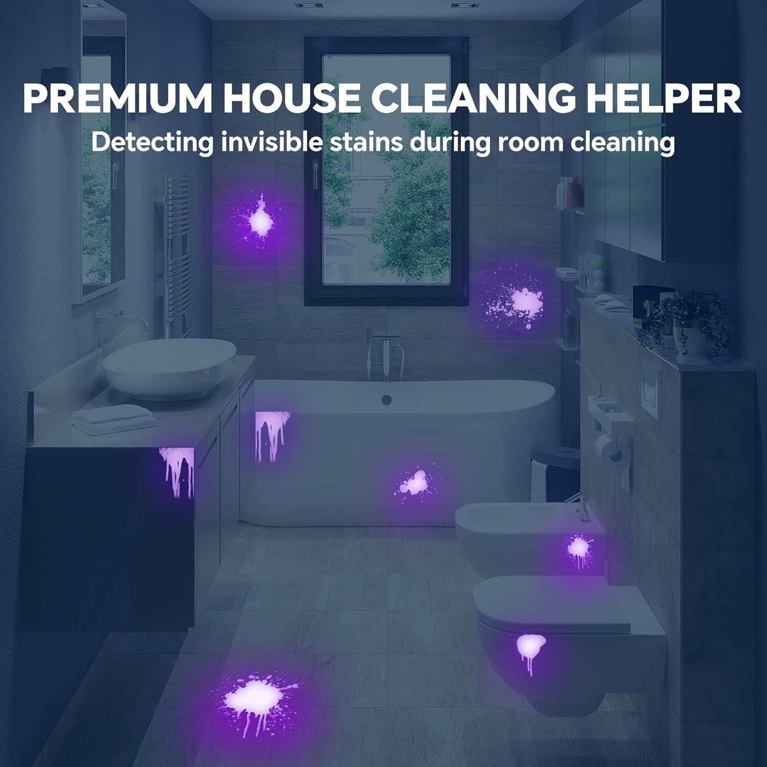 Demonstrates the product's ability to detect invisible stains during cleaning using UV or special light technology, reassuring shoppers of thorough cleaning capability.