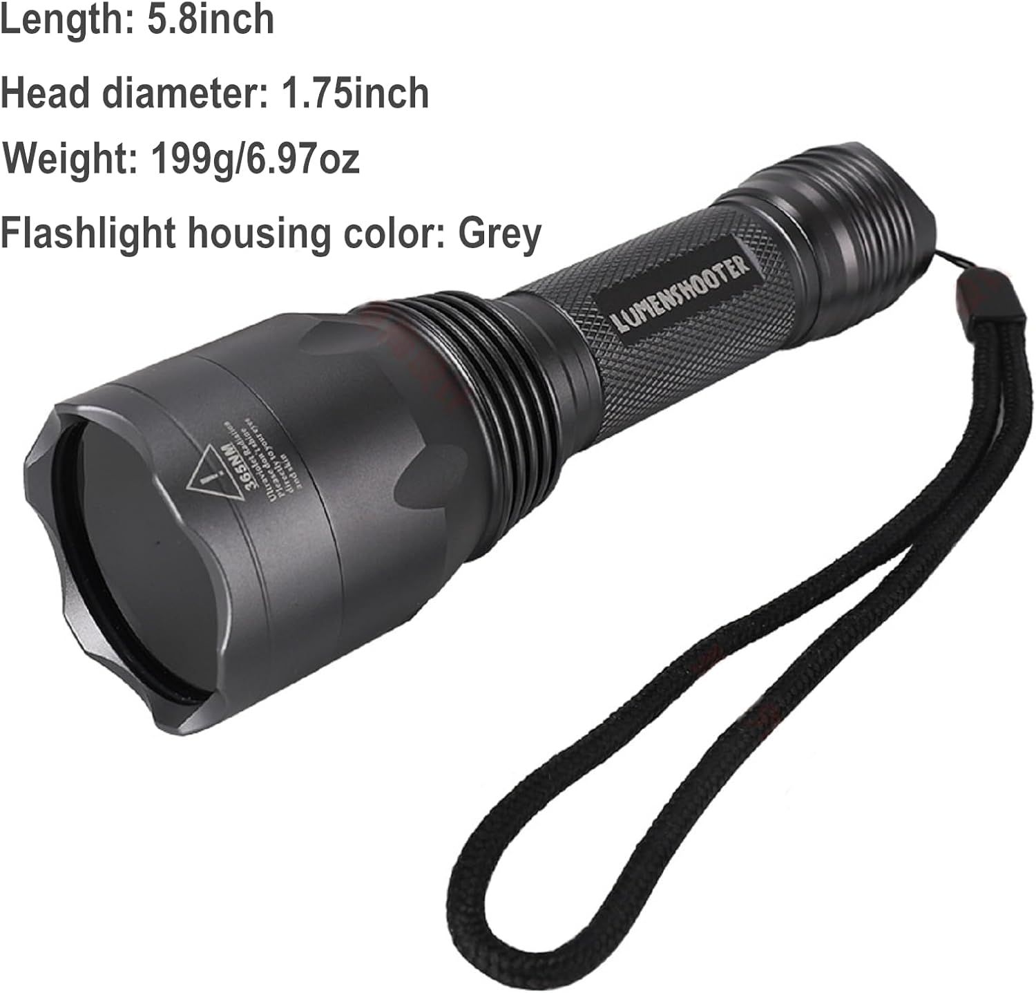 Communicates the exact physical measurements and weight of the flashlight to help shoppers understand its size and portability before purchase.