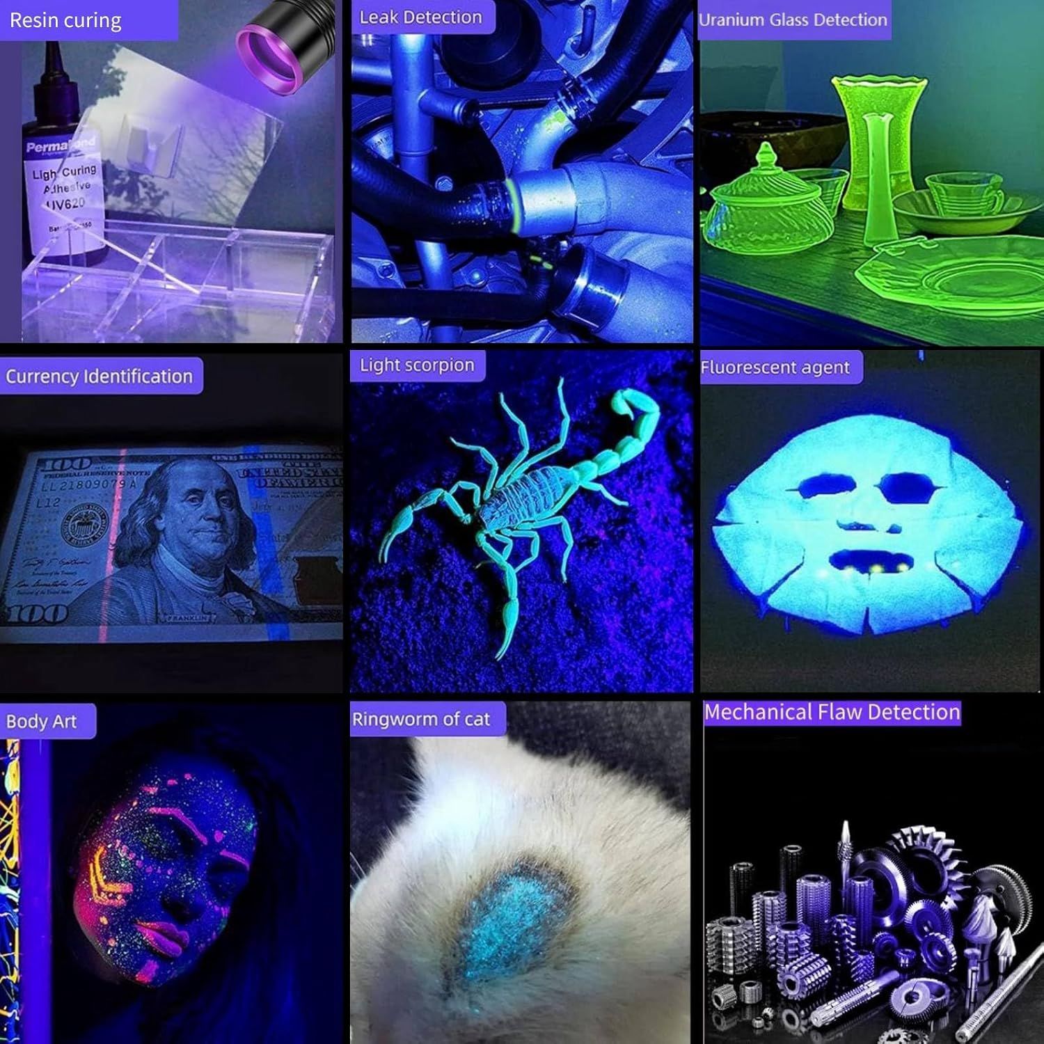 Demonstrates the UV flashlight's versatility by showcasing nine distinct real-world use cases, from industrial inspection to pet care to security verification, reassuring shoppers of the product's…