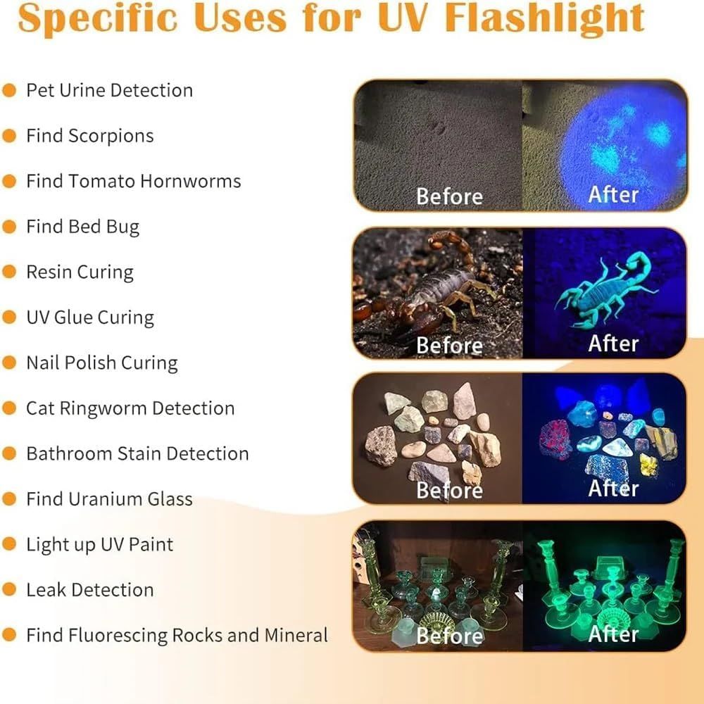Demonstrates the multiple use cases and applications of the UV flashlight across various scenarios including pet care, pest detection, crafting, and household maintenance to show versatility.