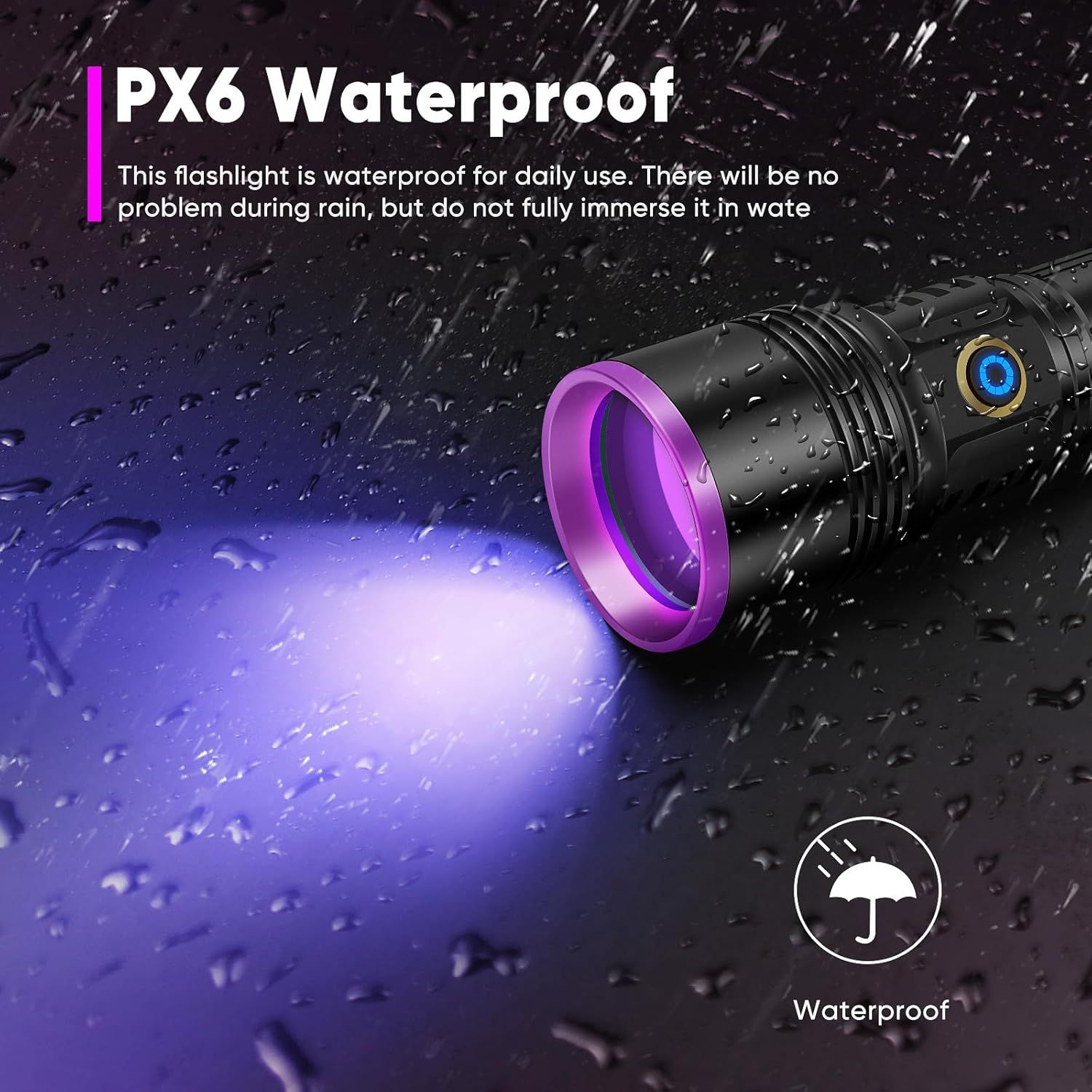 Communicates that the flashlight has IPX6 waterproof certification, reassuring shoppers it can withstand rain and daily wet conditions without damage. Highlights the waterproof capability as a key…