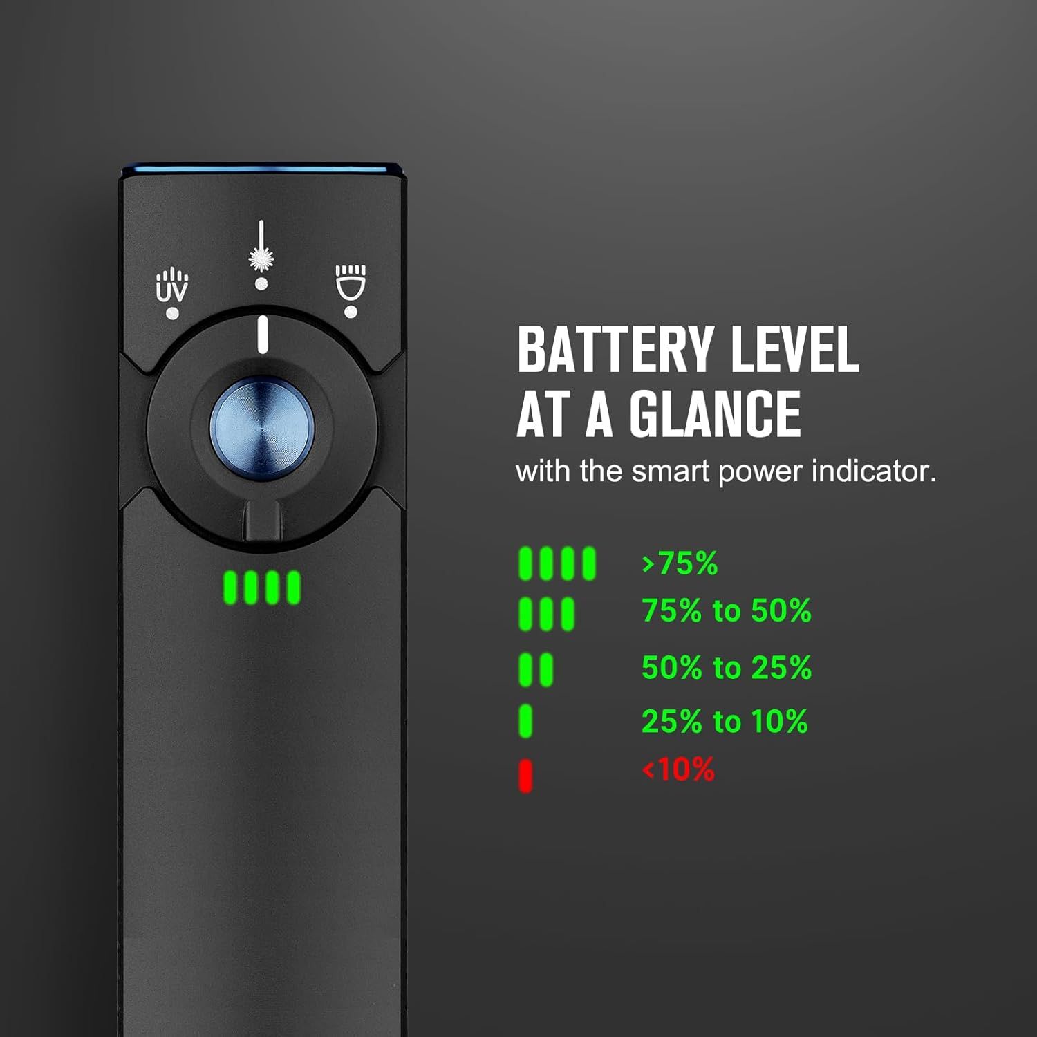 Communicates the convenience of checking battery status at a glance through a clear visual indicator system, reassuring shoppers they'll always know when to recharge.
