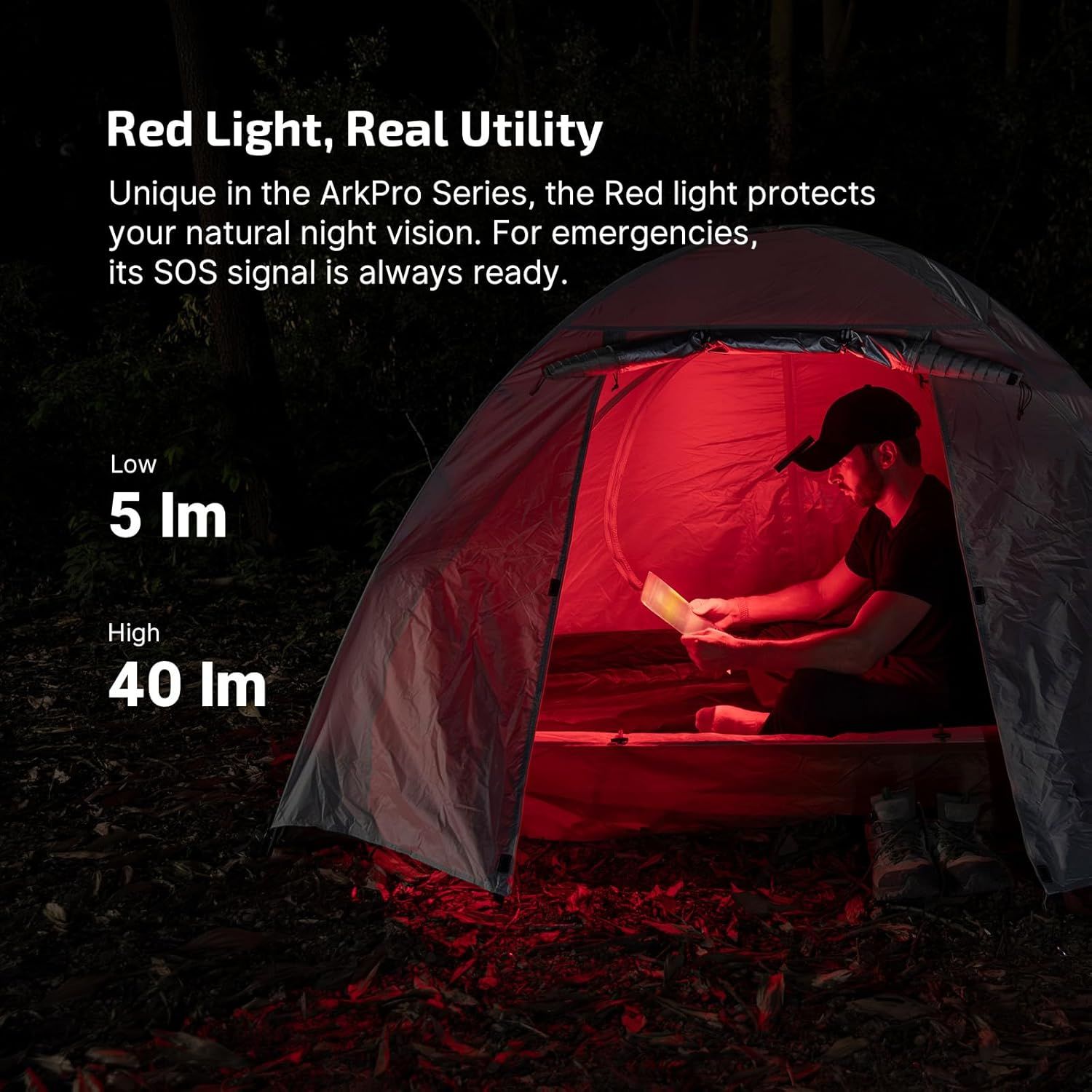 Highlights the unique red light feature that protects natural night vision and provides emergency SOS functionality, demonstrating the product's dual utility for camping and safety. Communicates the…