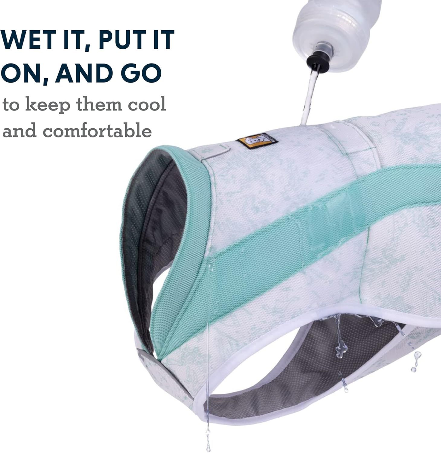 Shows shoppers how simple it is to use the cooling vest by wetting it, putting it on, and going. Highlights the convenience and simplicity of using the product to keep dogs cool and comfortable.