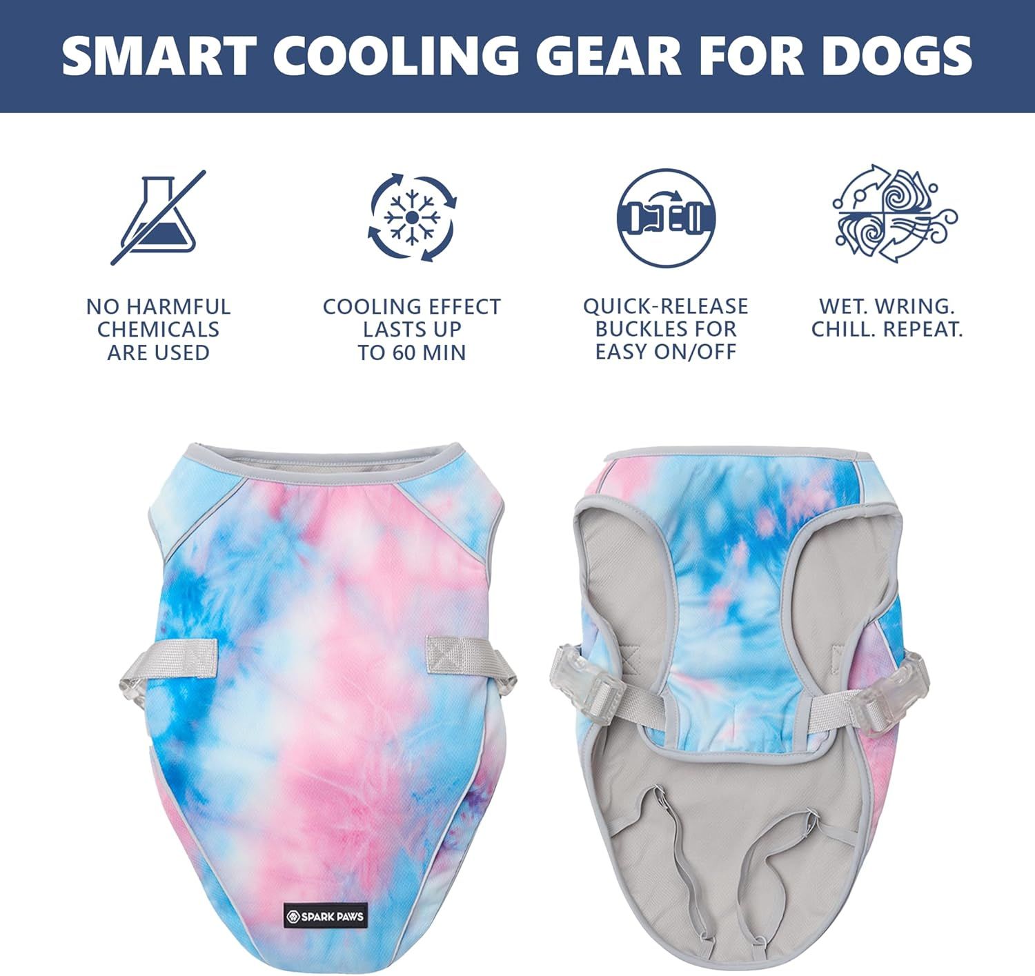 Highlights four distinct benefits of the cooling vest in a segmented icon layout to reassure shoppers about safety, cooling duration, ease of use, and reusability.