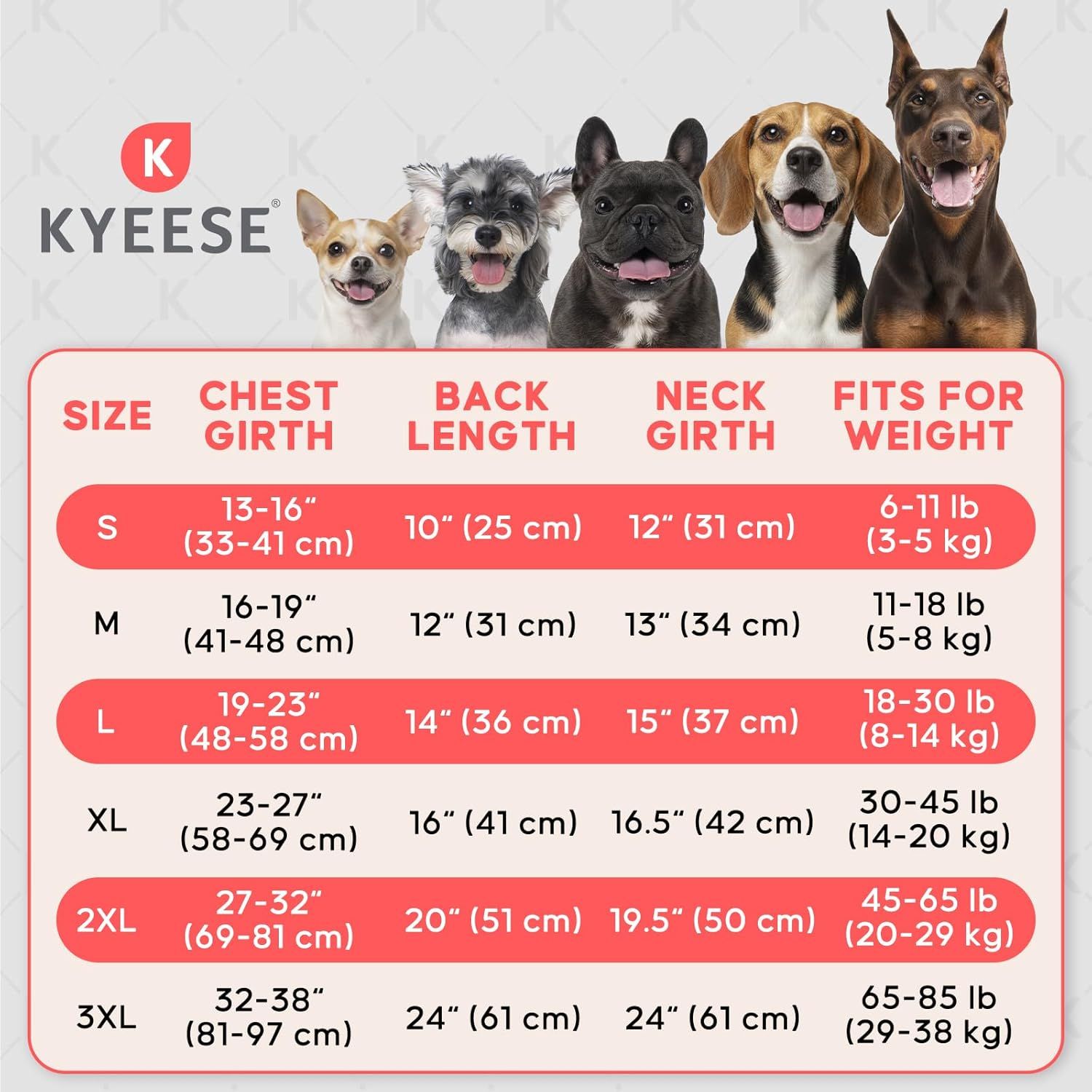Provides a detailed sizing chart to help shoppers choose the correct size for their dog based on measurements and weight.