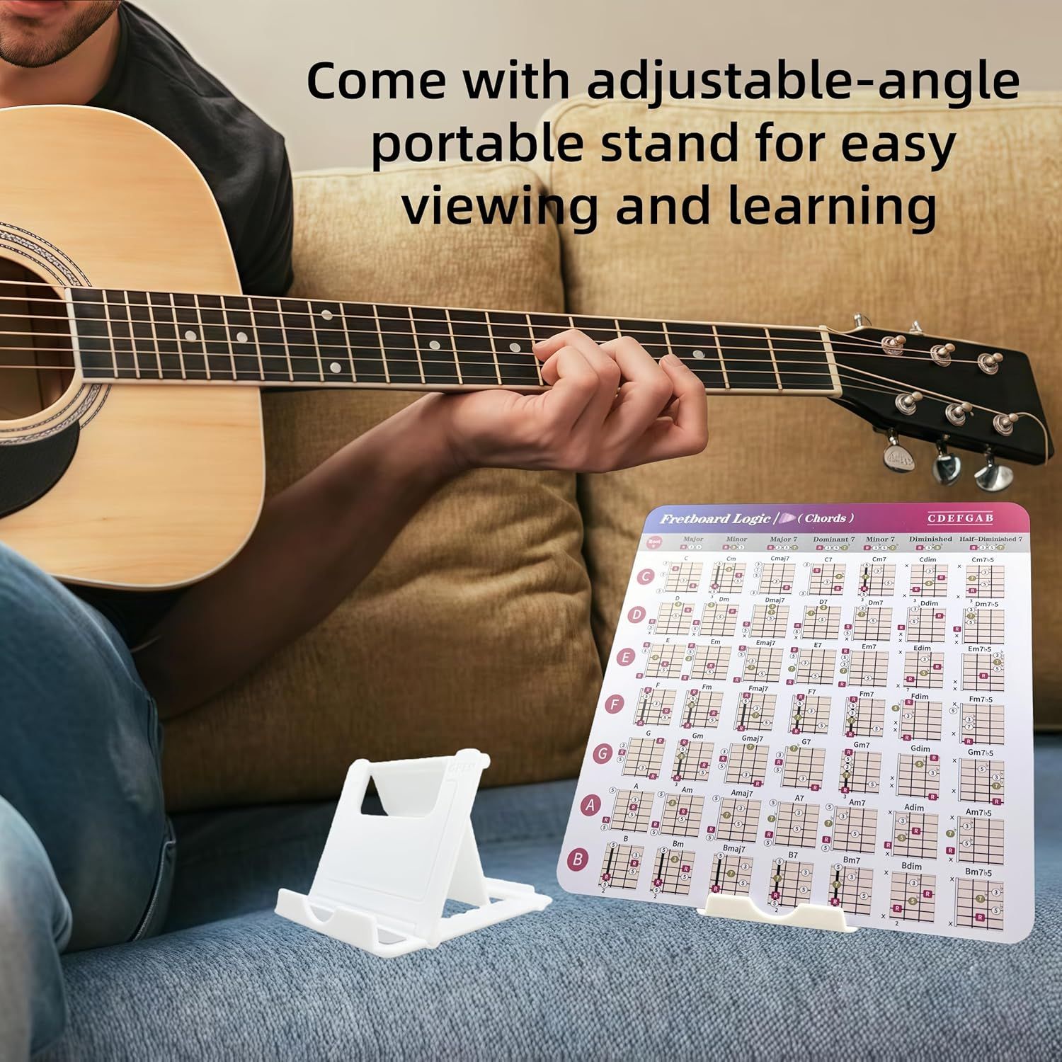 Highlights the convenience of the included adjustable stand, reassuring shoppers that the cards are easy to view and use during practice sessions.