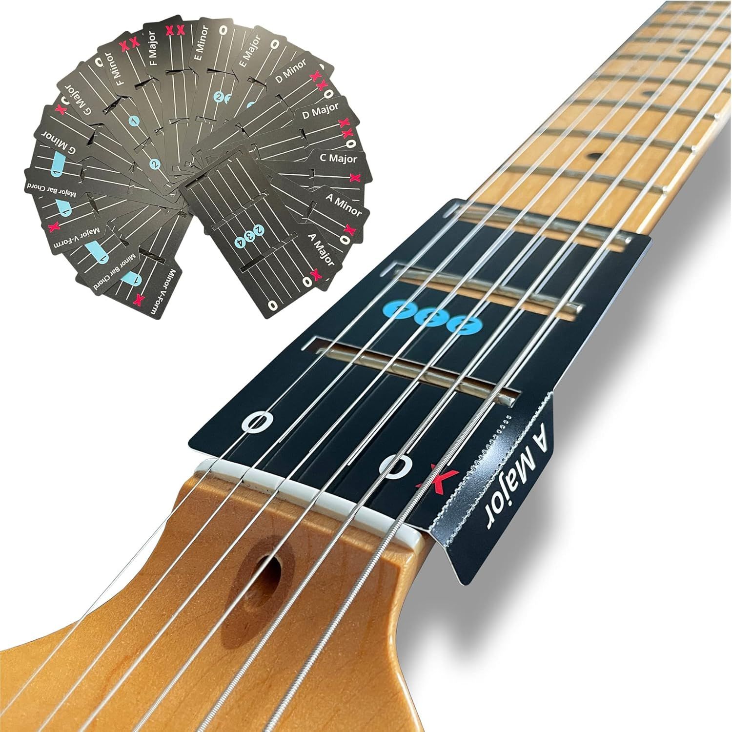 Shows the physical product components included in the package, including the guitar attachment and the chord card deck.