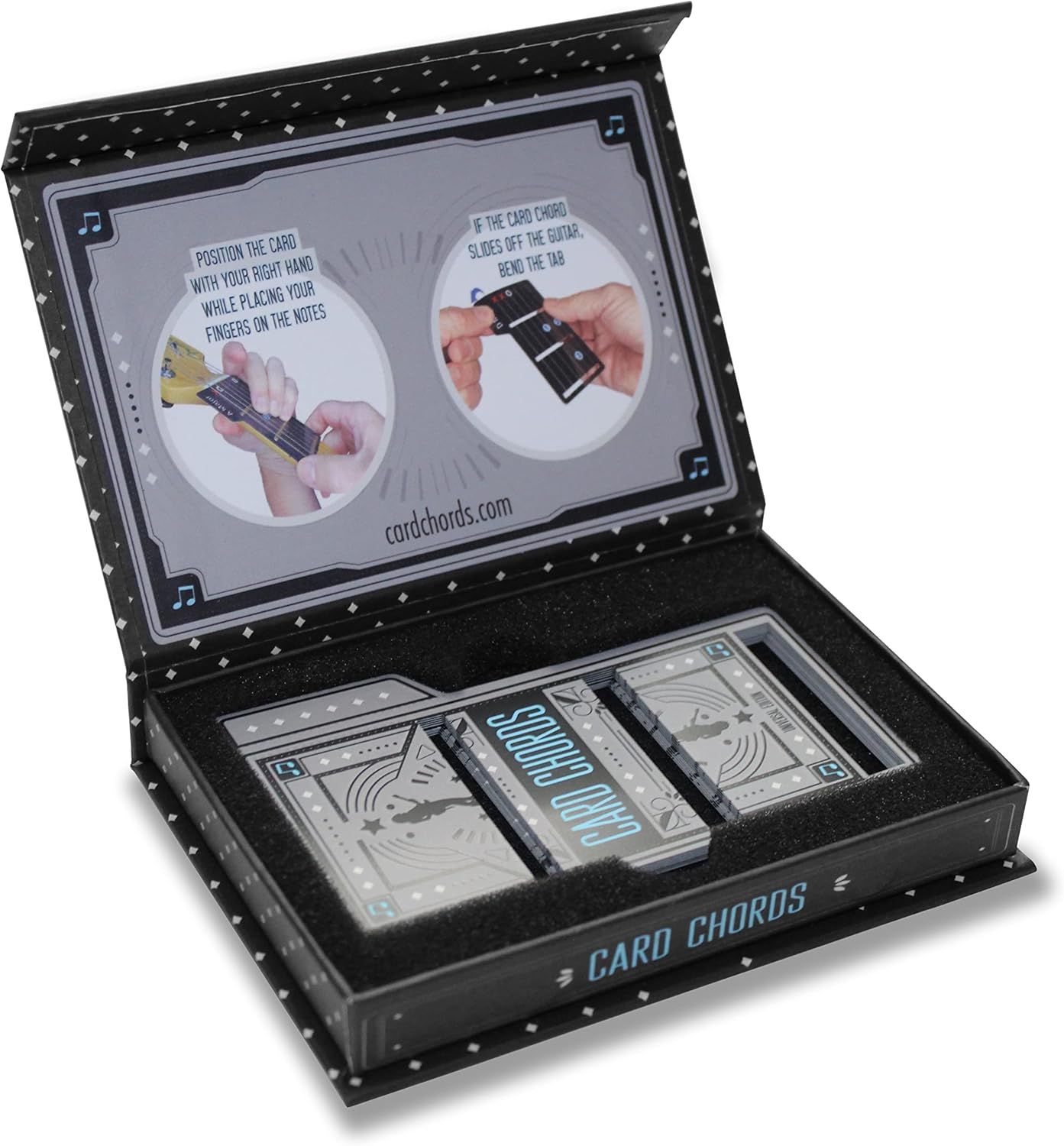 Shows everything included in the package, including the chord cards, instruction materials, and packaging, helping shoppers understand what they will receive. Provides visual instructions on how to…