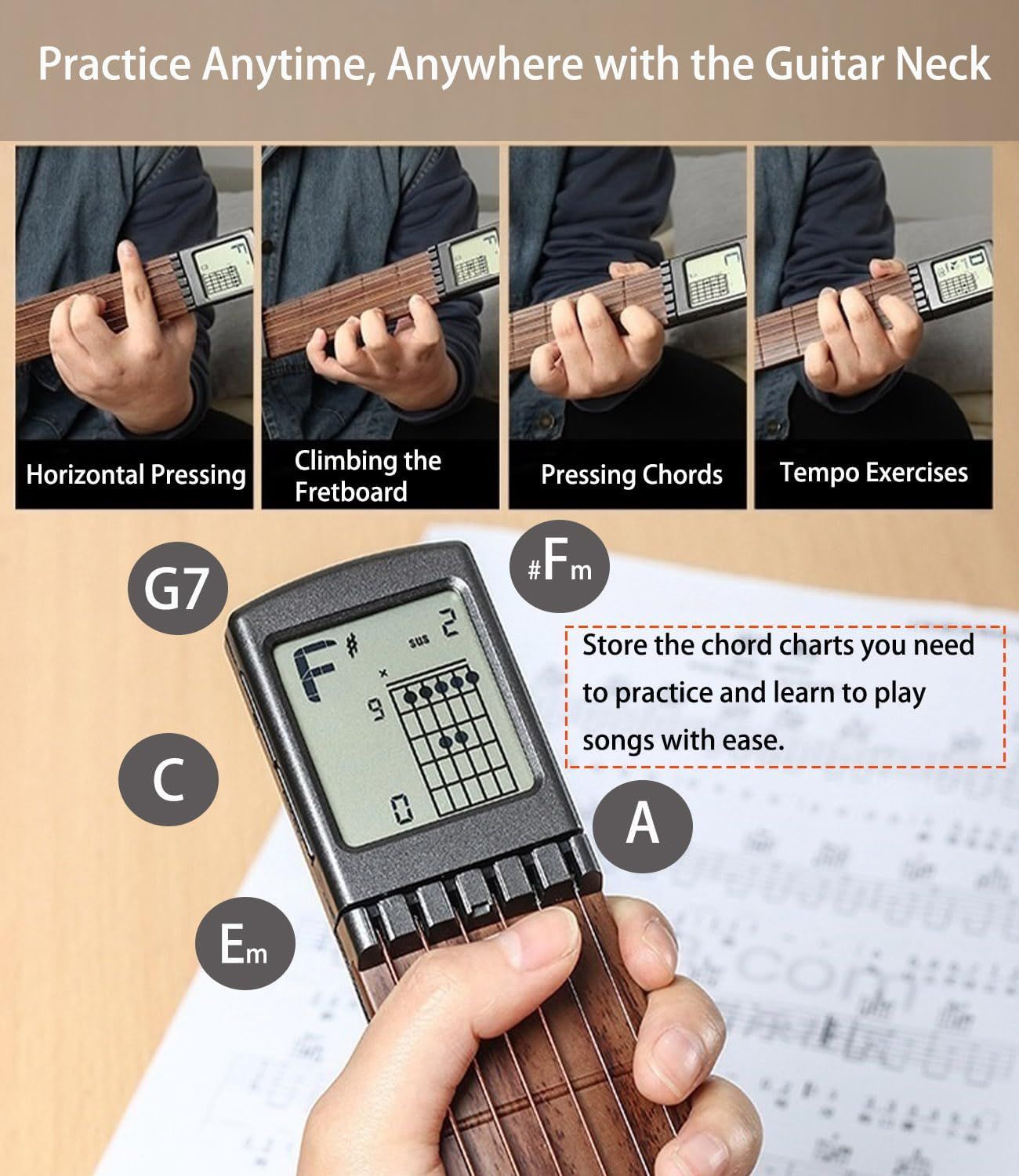 Demonstrates the multiple ways the Guitar Neck device can be used for practice (horizontal pressing, climbing fretboard, pressing chords, tempo exercises) and its ability to store chord charts,…