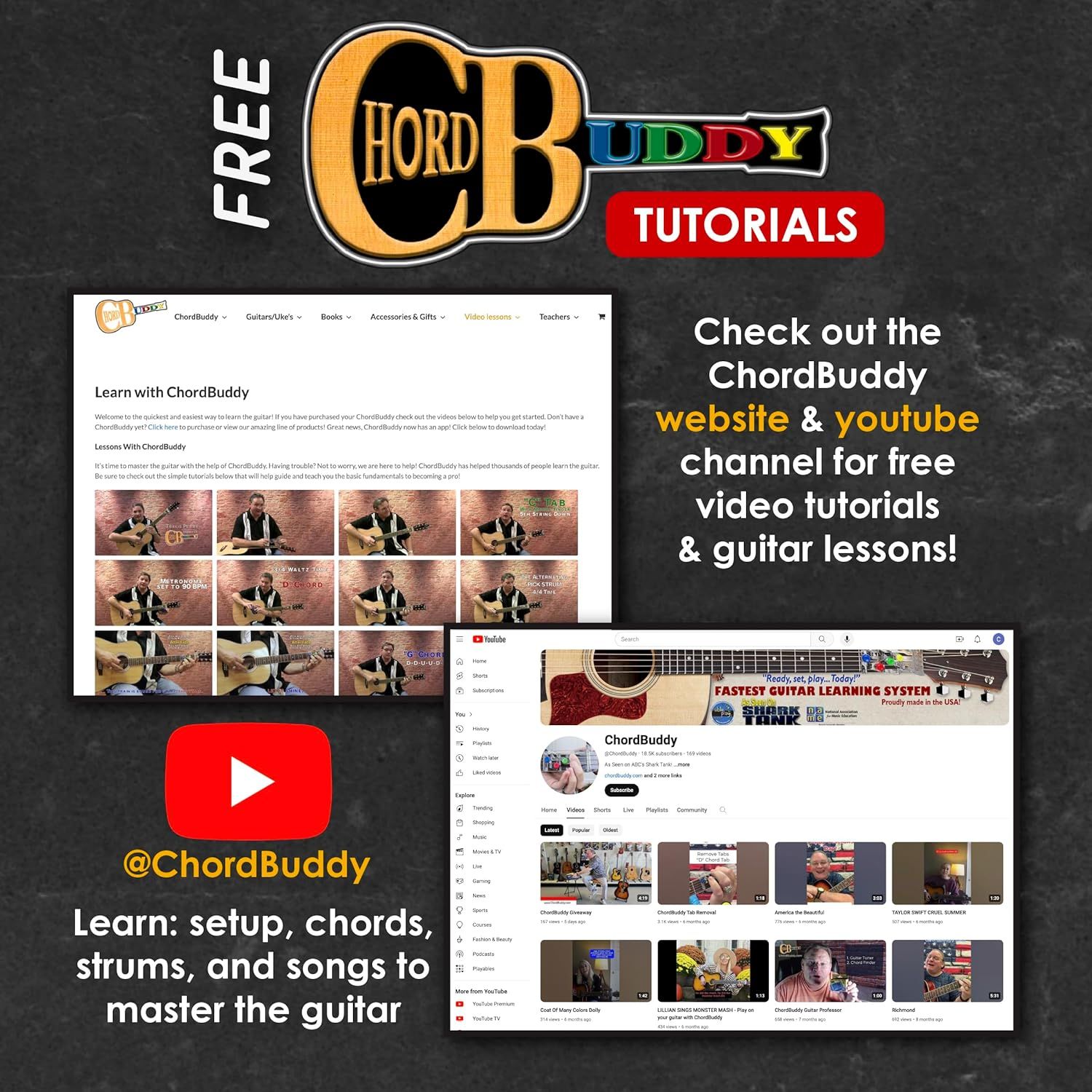 Informs shoppers that free video tutorials and guitar lessons are available on the ChordBuddy website and YouTube channel, adding value and support to the purchase.