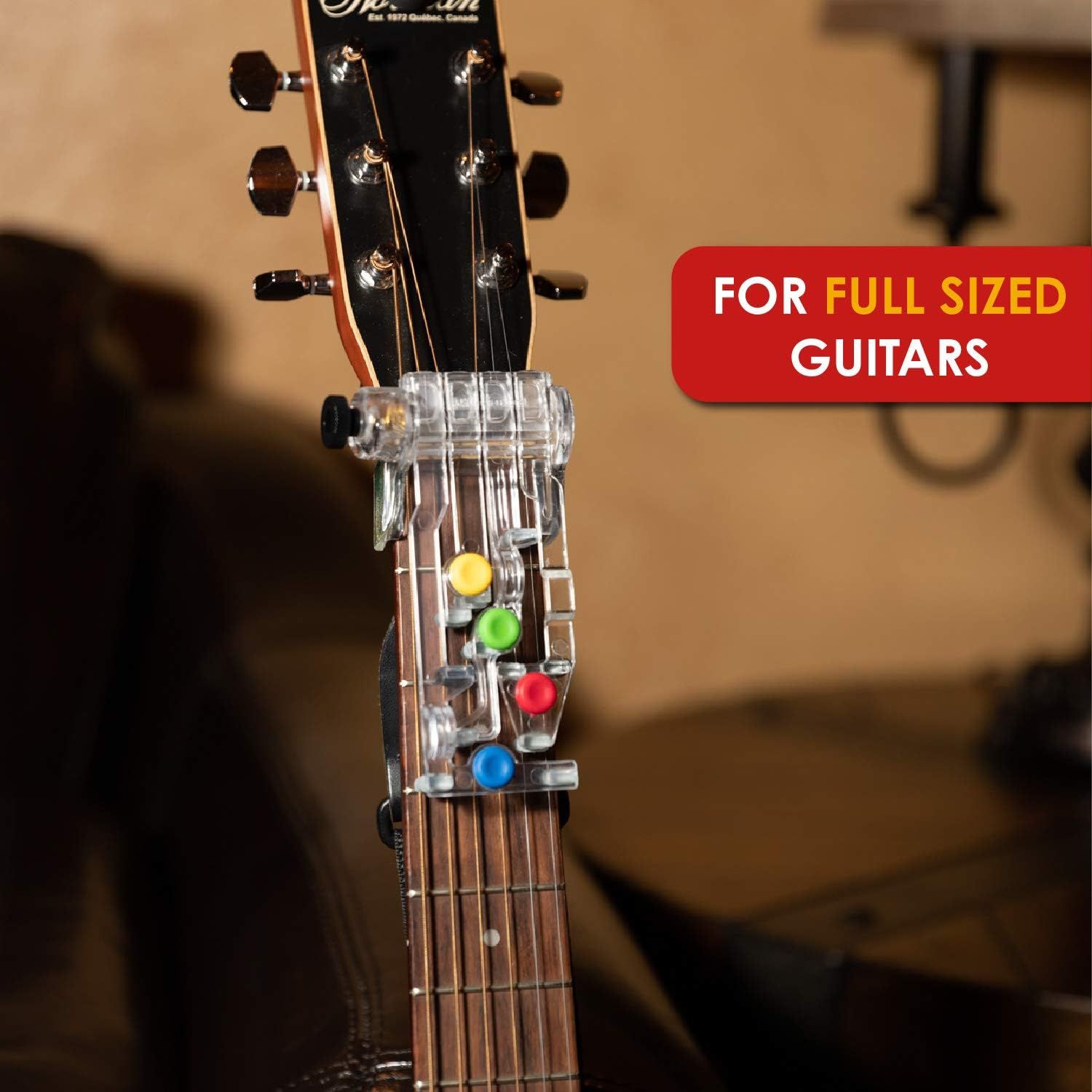Demonstrates that the ChordBuddy device is designed for use with full-sized guitars, helping shoppers confirm compatibility with their instrument. Demonstrates that the ChordBuddy device is designed…