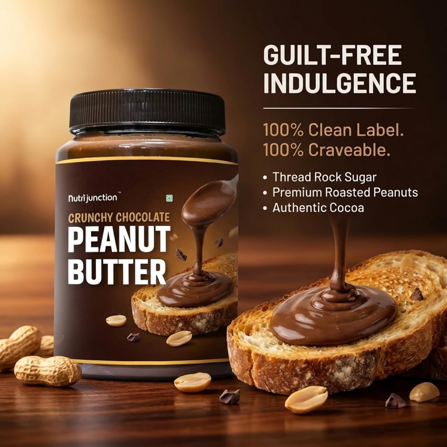 Communicates the emotional benefit of guilt-free indulgence by highlighting the product's clean label and premium ingredient quality in a simple, appealing lifestyle scene.