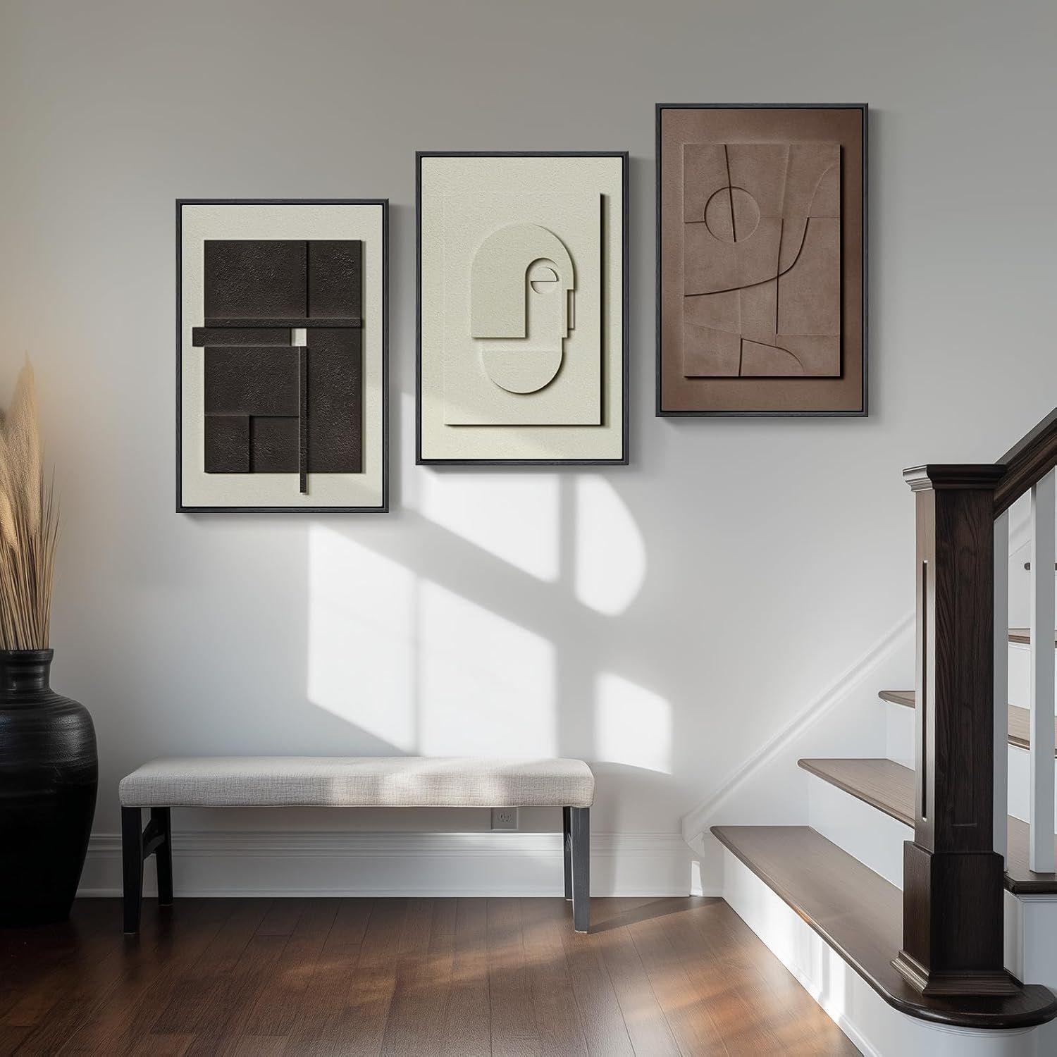 Displays the product in a real-world entryway or hallway setting to help shoppers visualize the artwork in their own home environment.